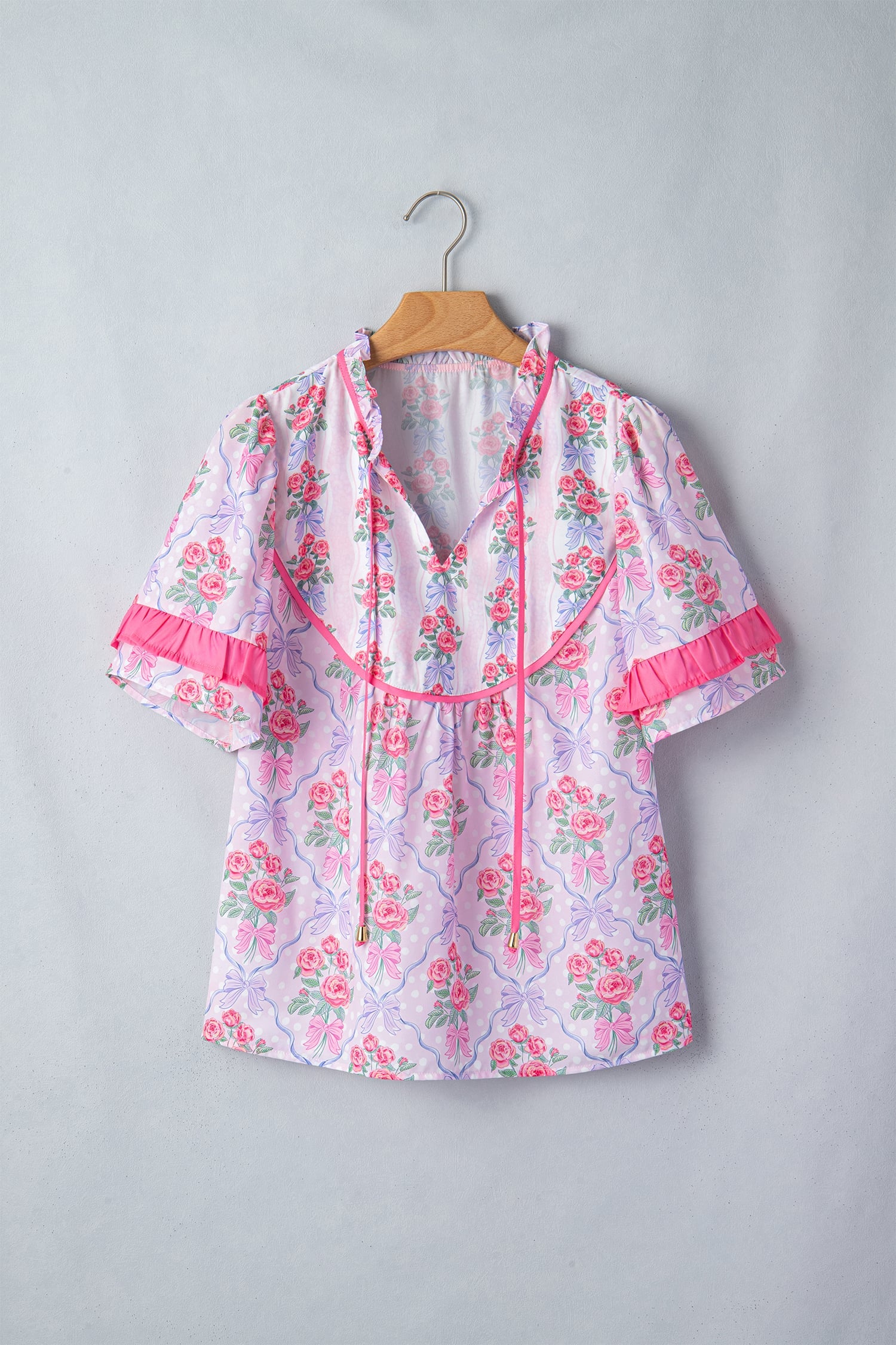 Purple Coquette Floral Bow Printed Contrast Ruffled Short Sleeve Blouse