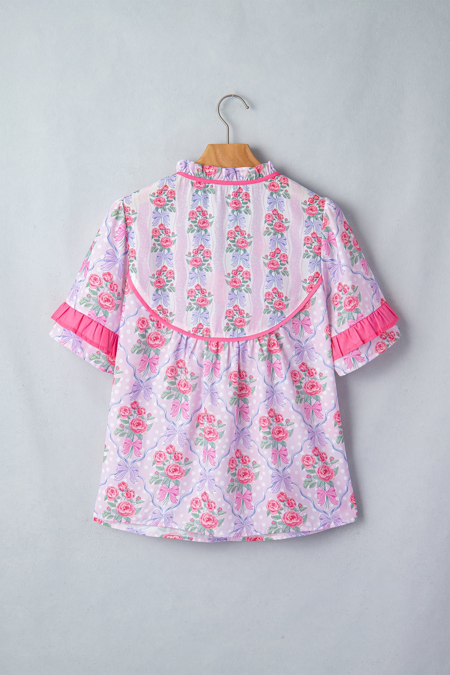 Purple Coquette Floral Bow Printed Contrast Ruffled Short Sleeve Blouse