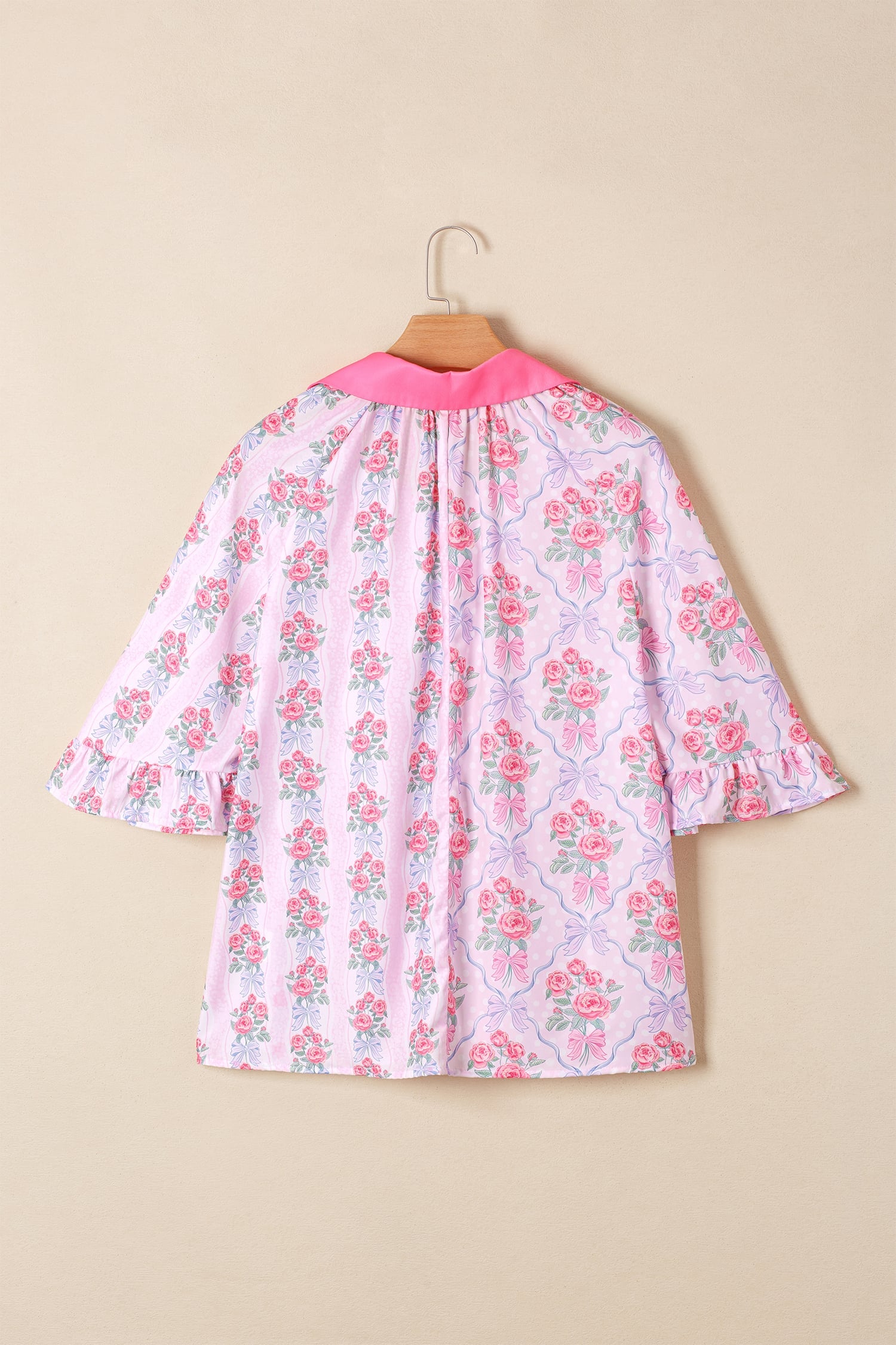 Purple Floral Collared Ruffled Half Sleeve Shirt