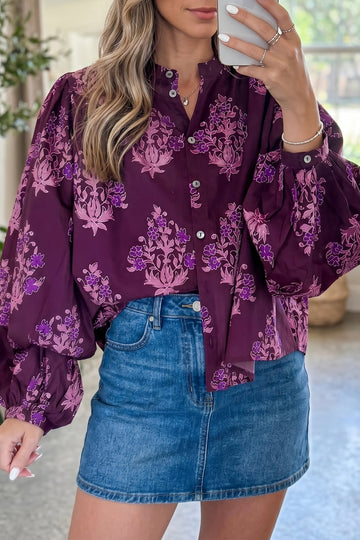 Purple Floral Print Button Front Long Puff Sleeve Shirt