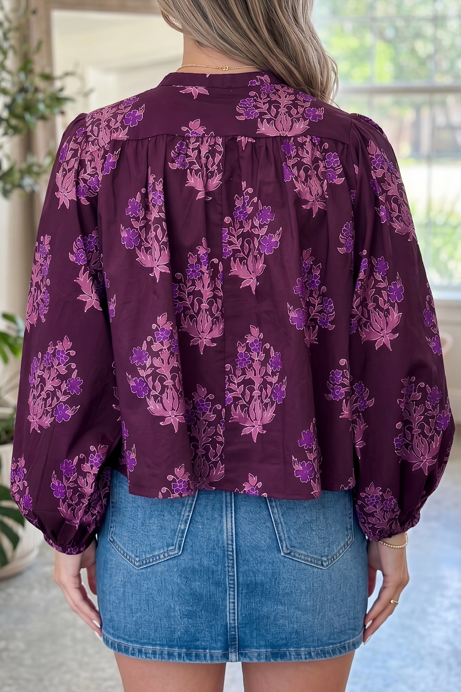 Purple Floral Print Button Front Long Puff Sleeve Shirt