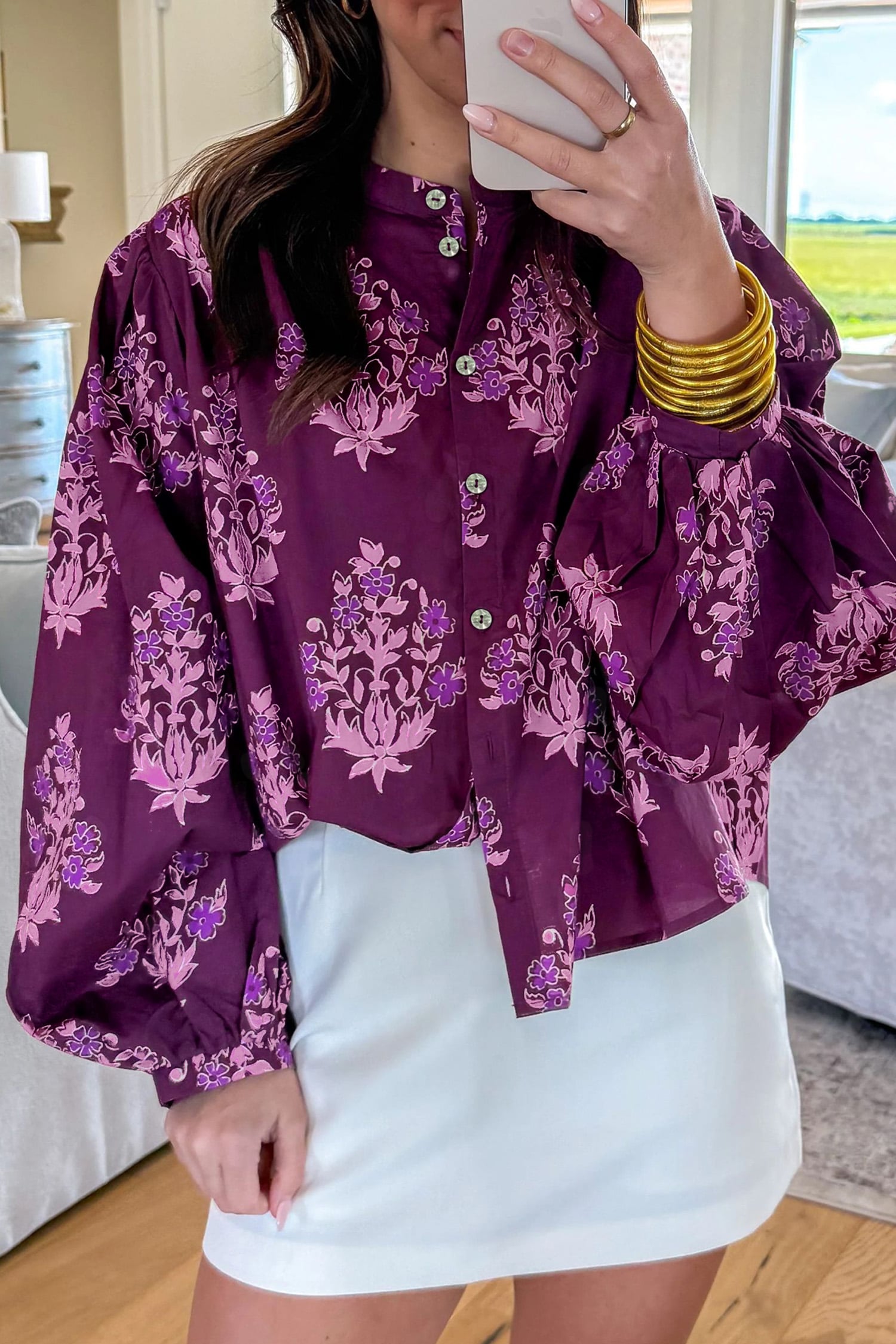 Purple Floral Print Button Front Long Puff Sleeve Shirt