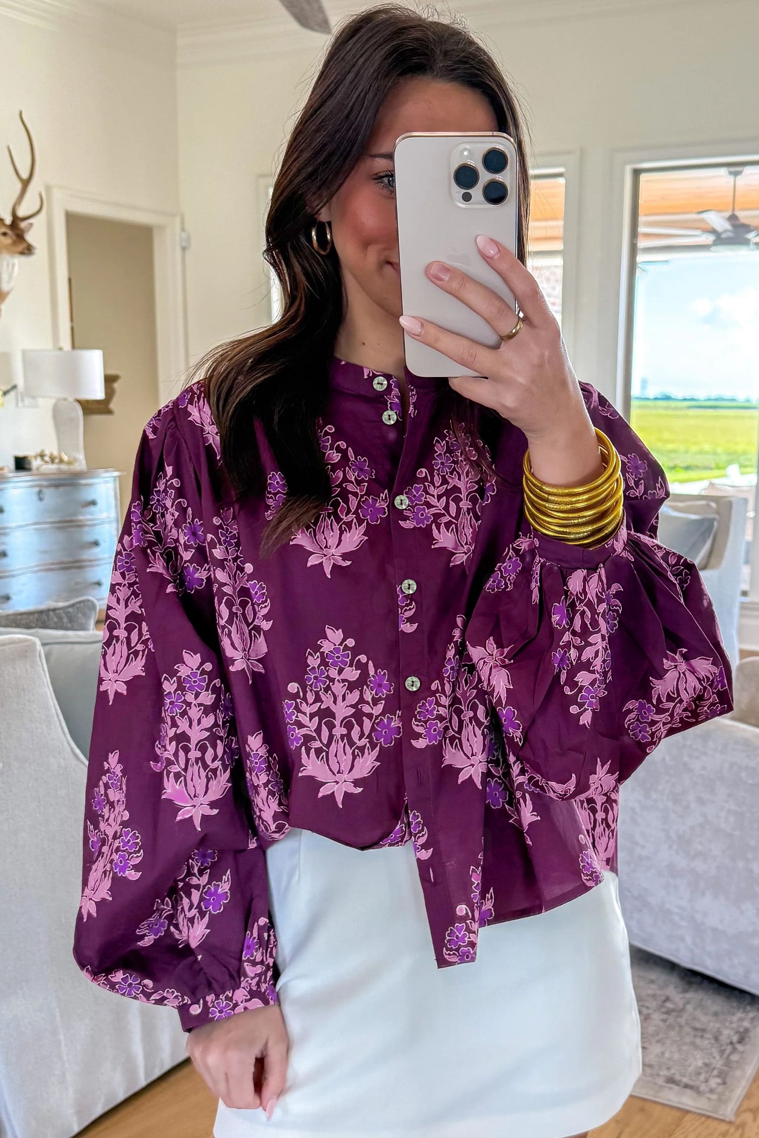 Purple Floral Print Button Front Long Puff Sleeve Shirt