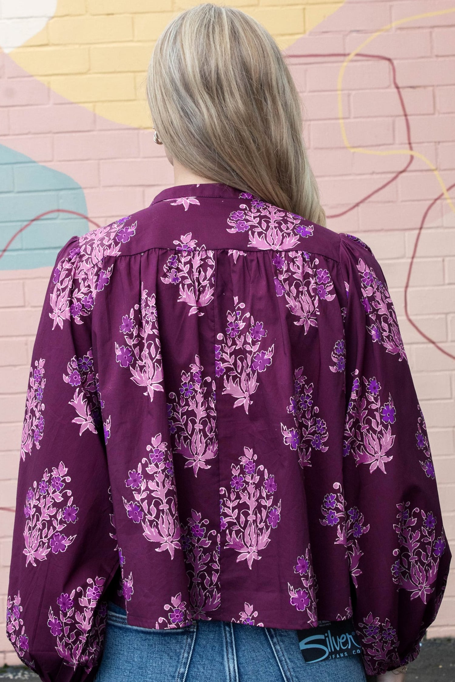 Purple Floral Print Button Front Long Puff Sleeve Shirt