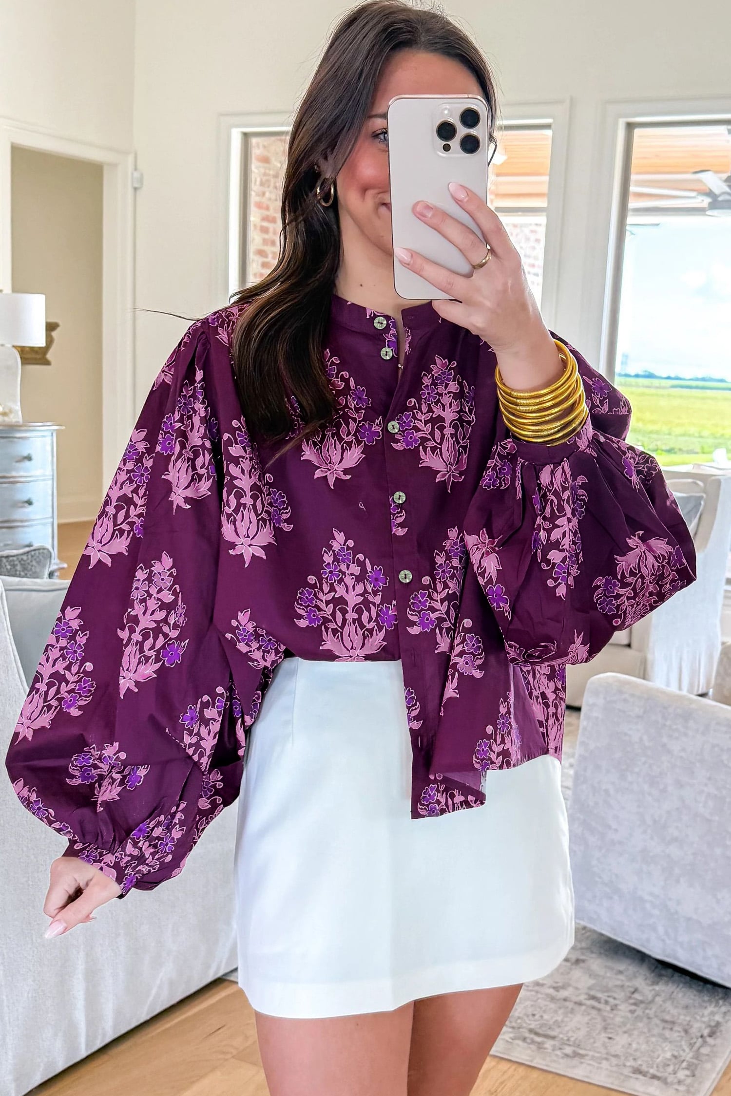 Purple Floral Print Button Front Long Puff Sleeve Shirt