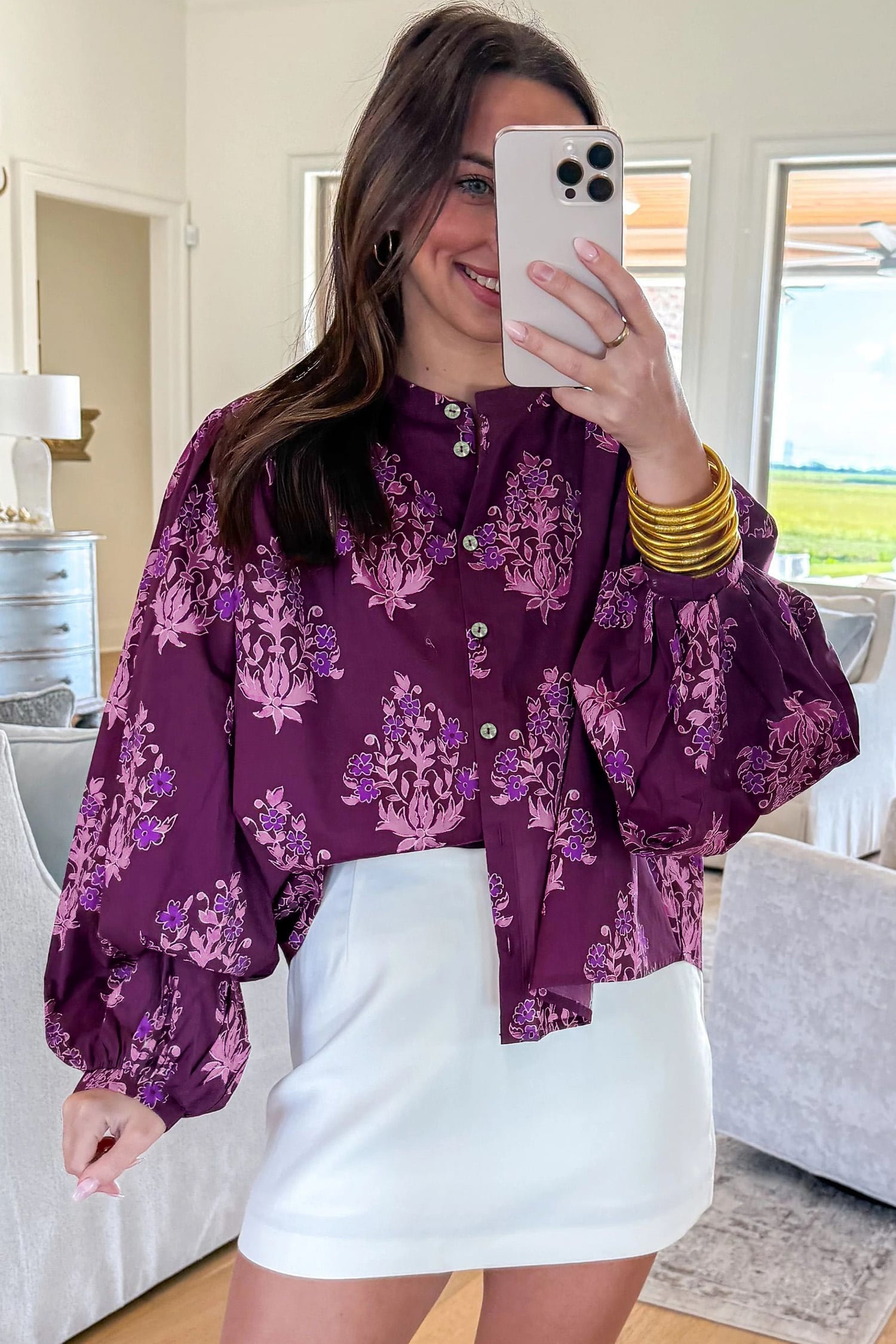Purple Floral Print Button Front Long Puff Sleeve Shirt