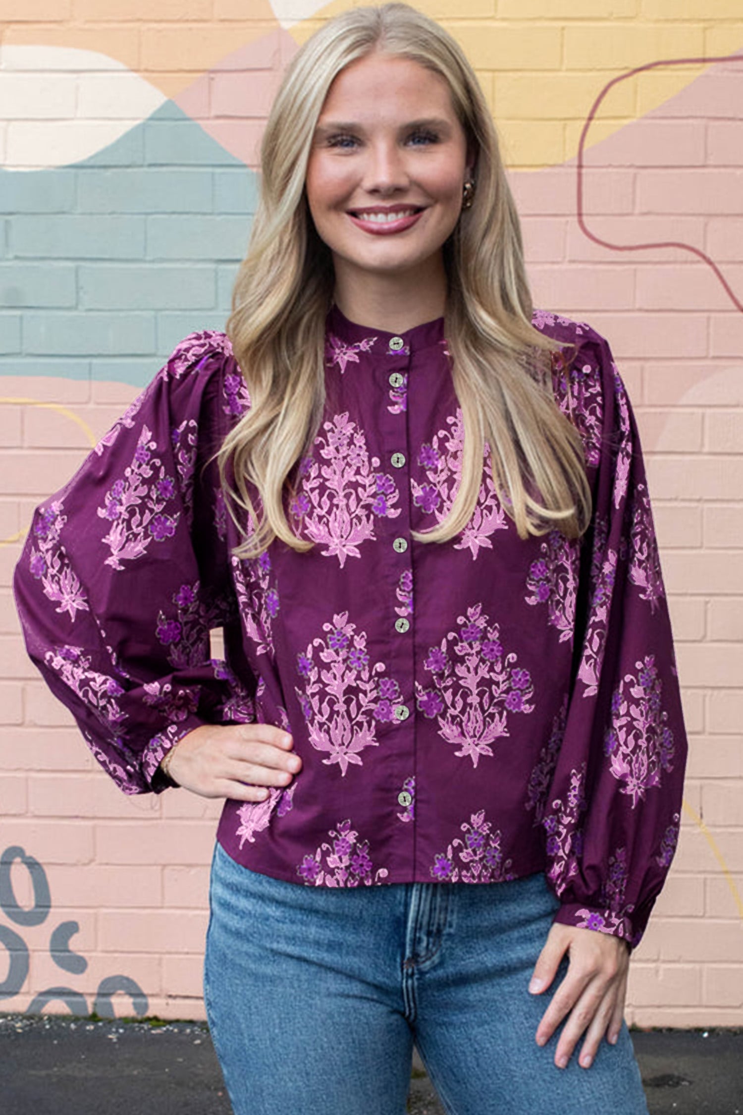 Purple Floral Print Button Front Long Puff Sleeve Shirt
