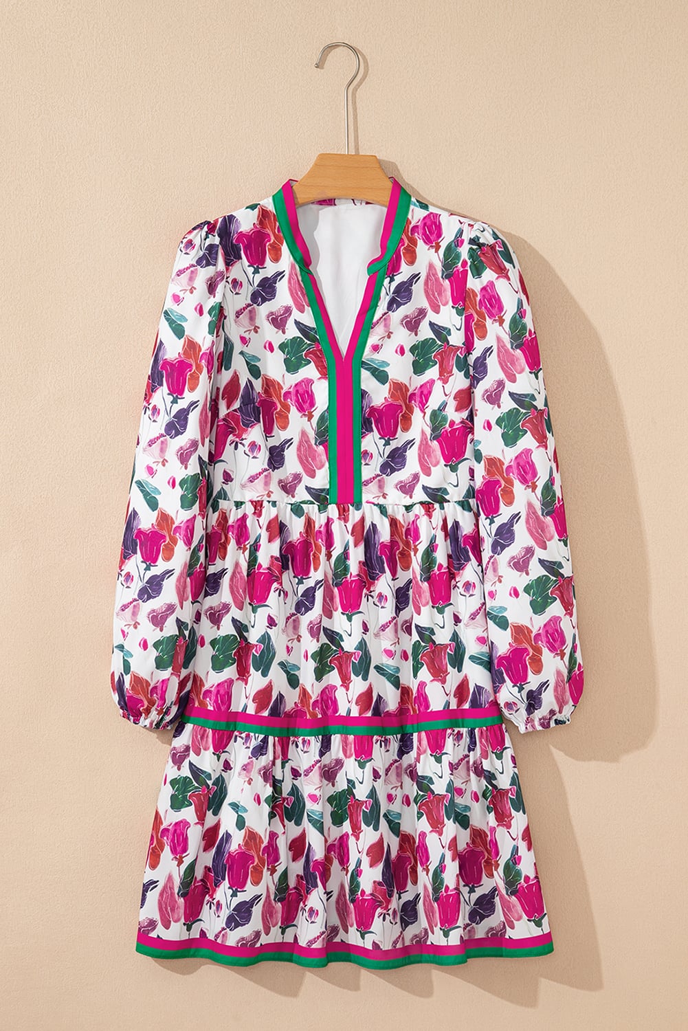 Purple Floral Print Contrast Striped Detail Long Sleeve Mini Dress