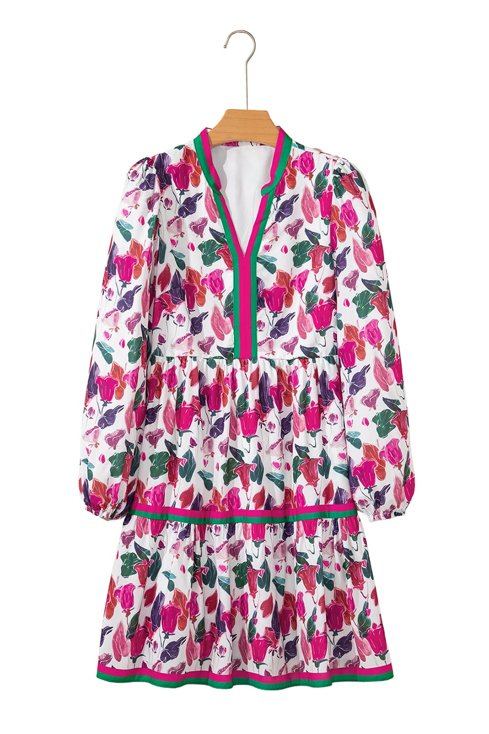 Purple Floral Print Contrast Striped Detail Long Sleeve Mini Dress