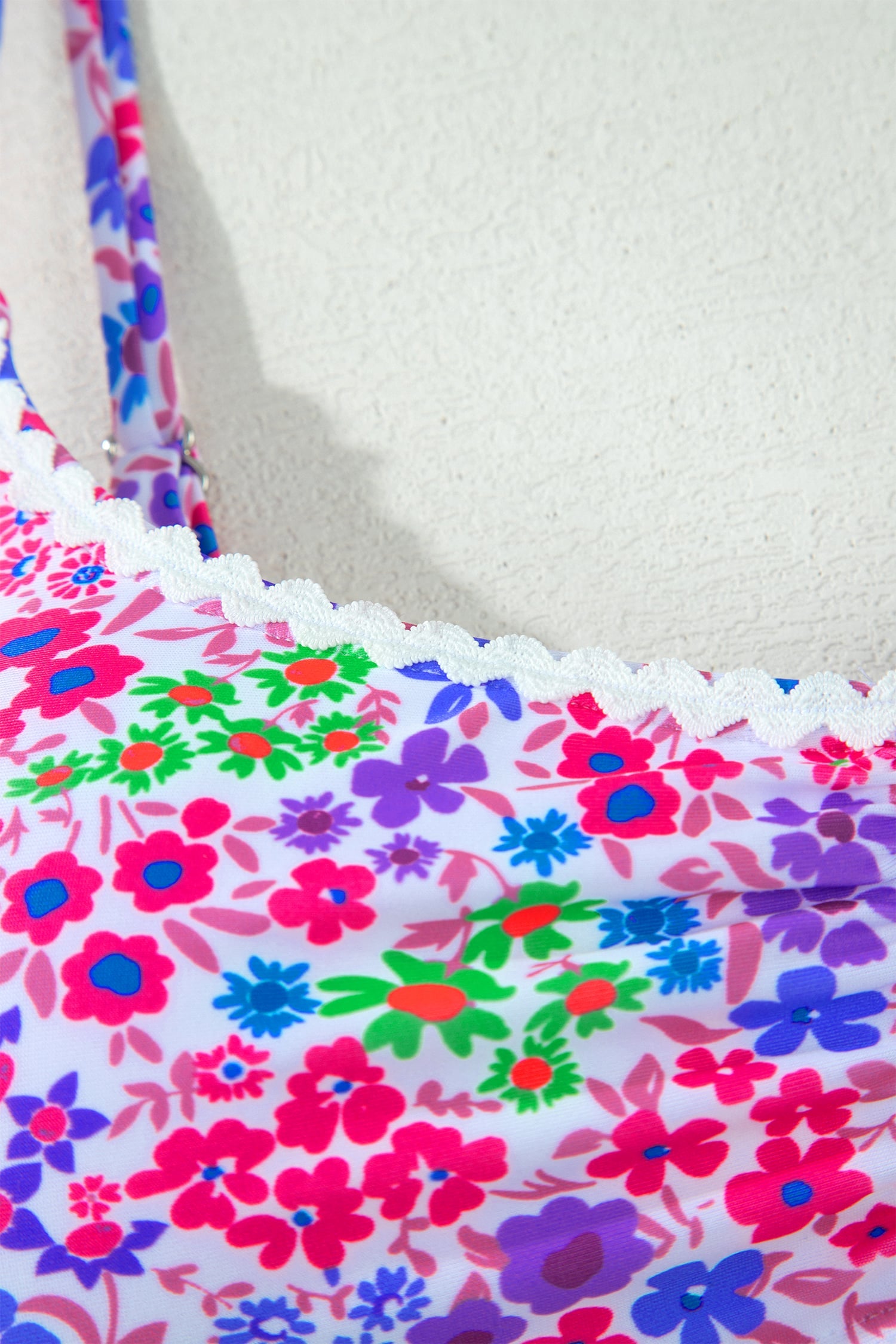 Purple Floral Print Lace Trim Spaghetti Strap Ruched Bikini High Waist Swimsuit