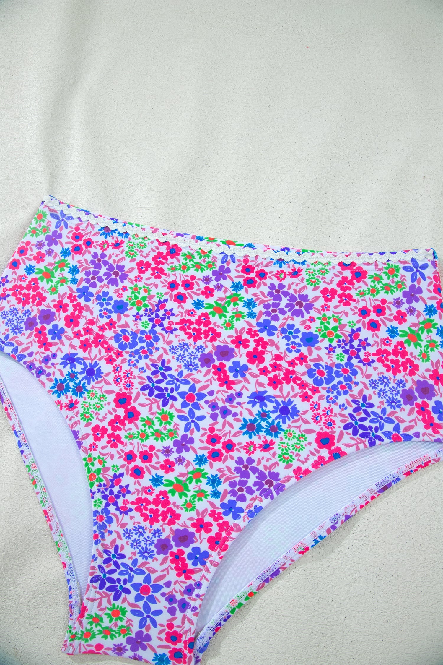 Purple Floral Print Lace Trim Spaghetti Strap Ruched Bikini High Waist Swimsuit