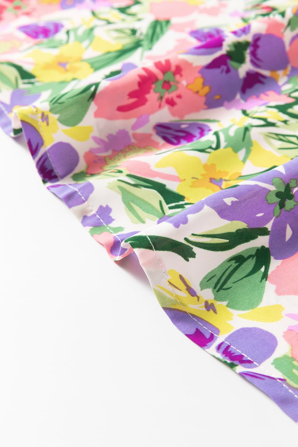 Purple Floral Print Puff Short Sleeve Crew Neck Blouse