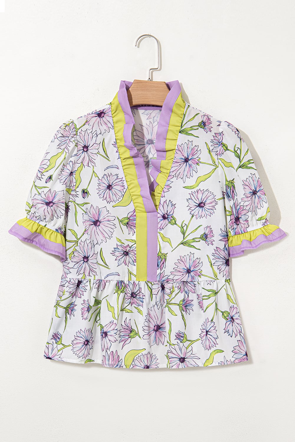 Purple Floral Print Striped Detail Split Neck Flounce Short Sleeve Peplum Blouse