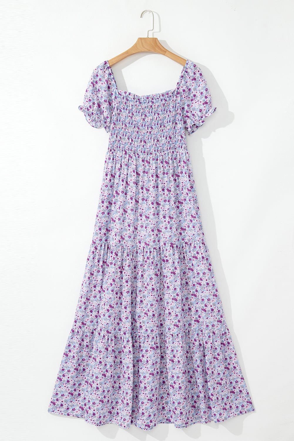 Purple Floral Short Bubble Sleeve Shirred High Waist Maxi Dress