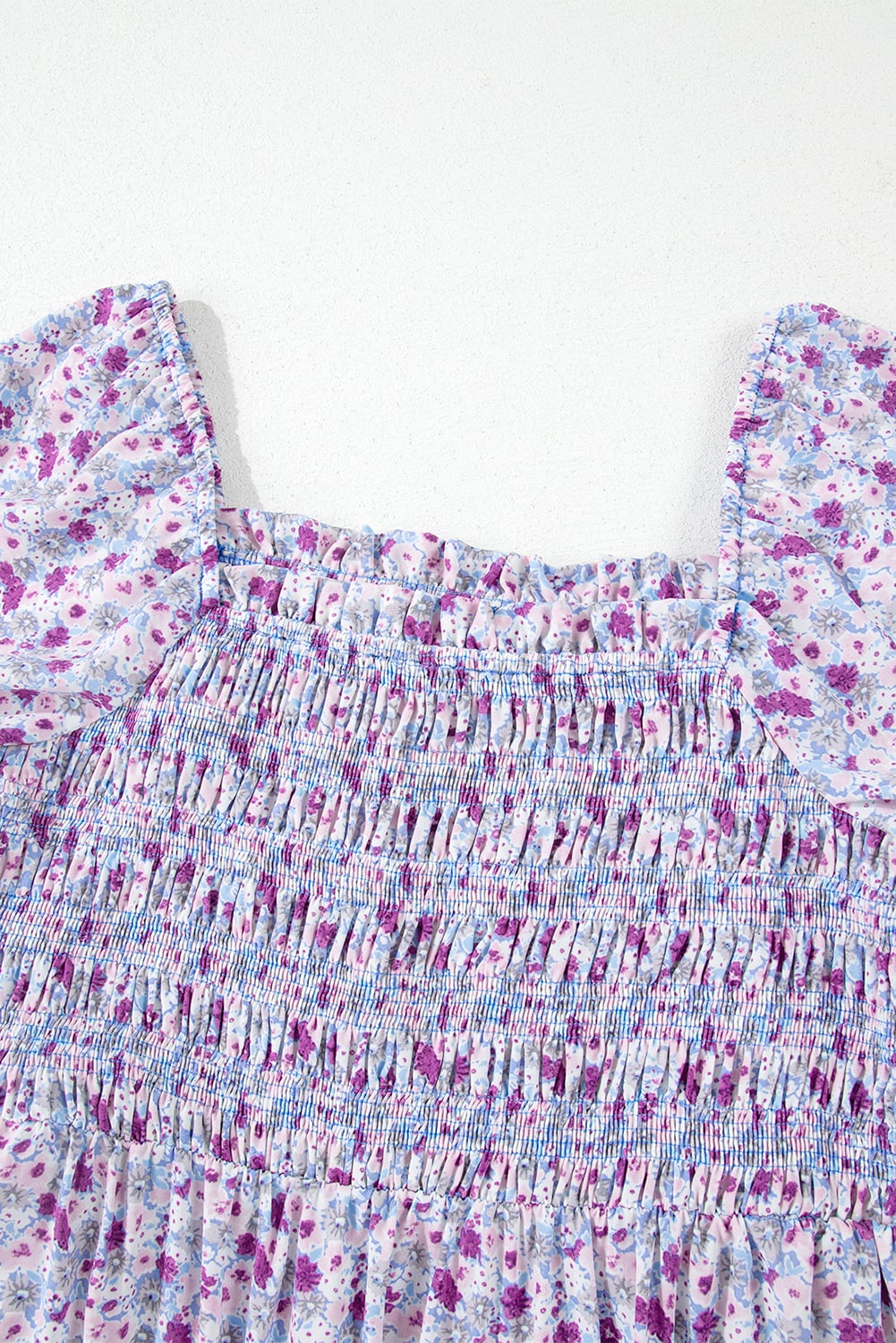 Purple Floral Short Bubble Sleeve Shirred High Waist Maxi Dress