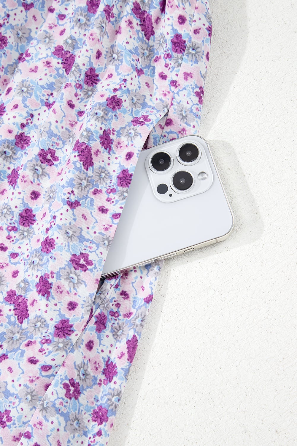 Purple Floral Short Bubble Sleeve Shirred High Waist Maxi Dress