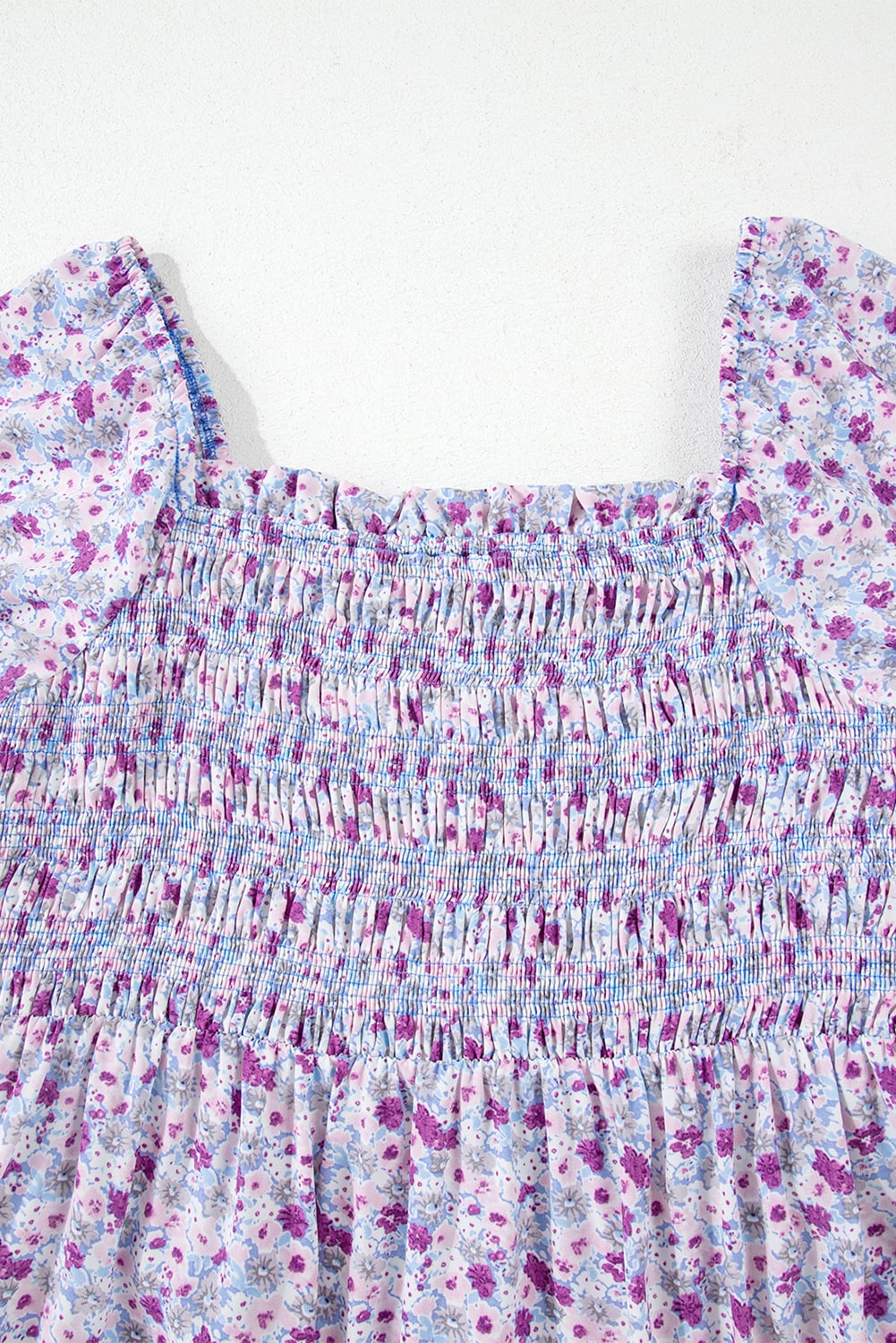 Purple Floral Short Bubble Sleeve Shirred High Waist Maxi Dress