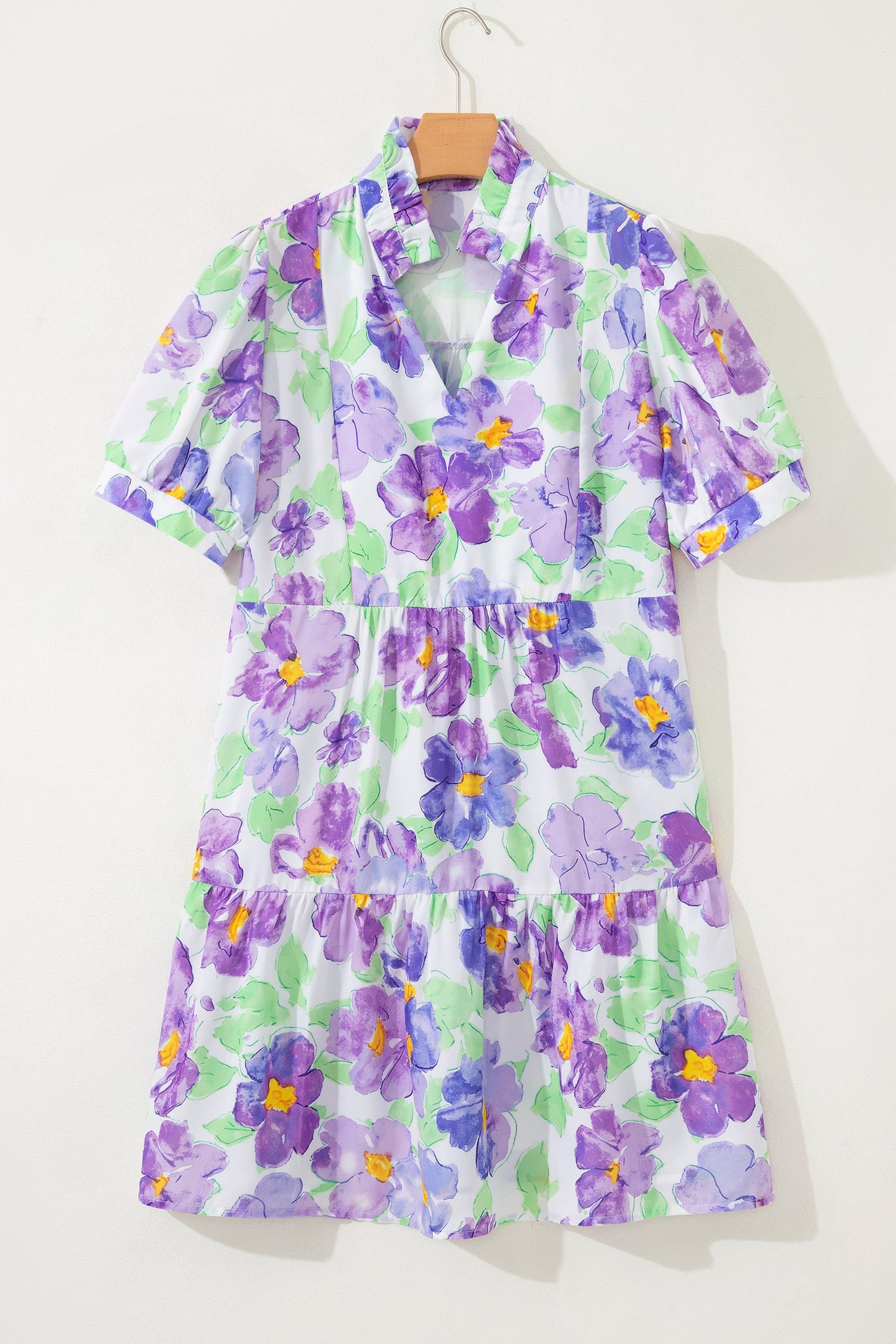 Purple Floral V Collar Short Sleeve Tiered Ruffle Mini Dress