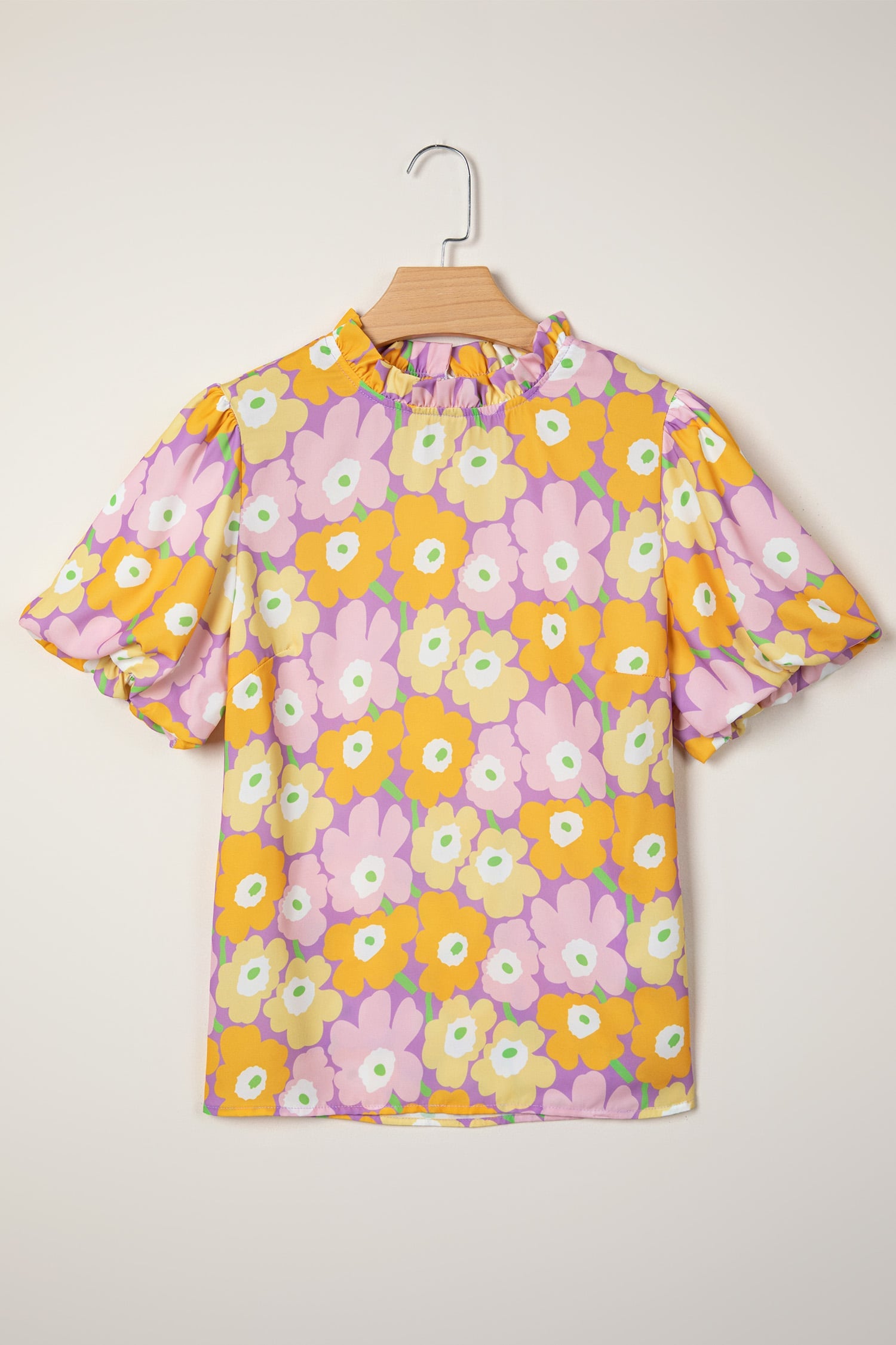 Purple Frilled Neck Puff Short Sleeve Flower Top