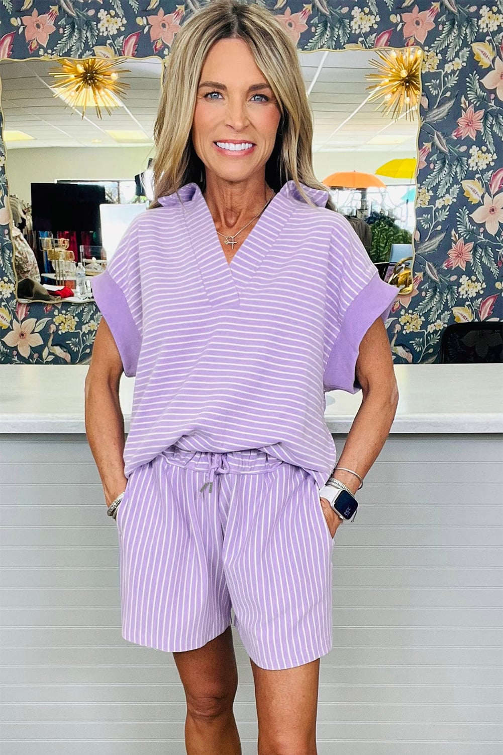 Purple Stripe Dolman Sleeve Polo Shirt and Drawstring Shorts Set