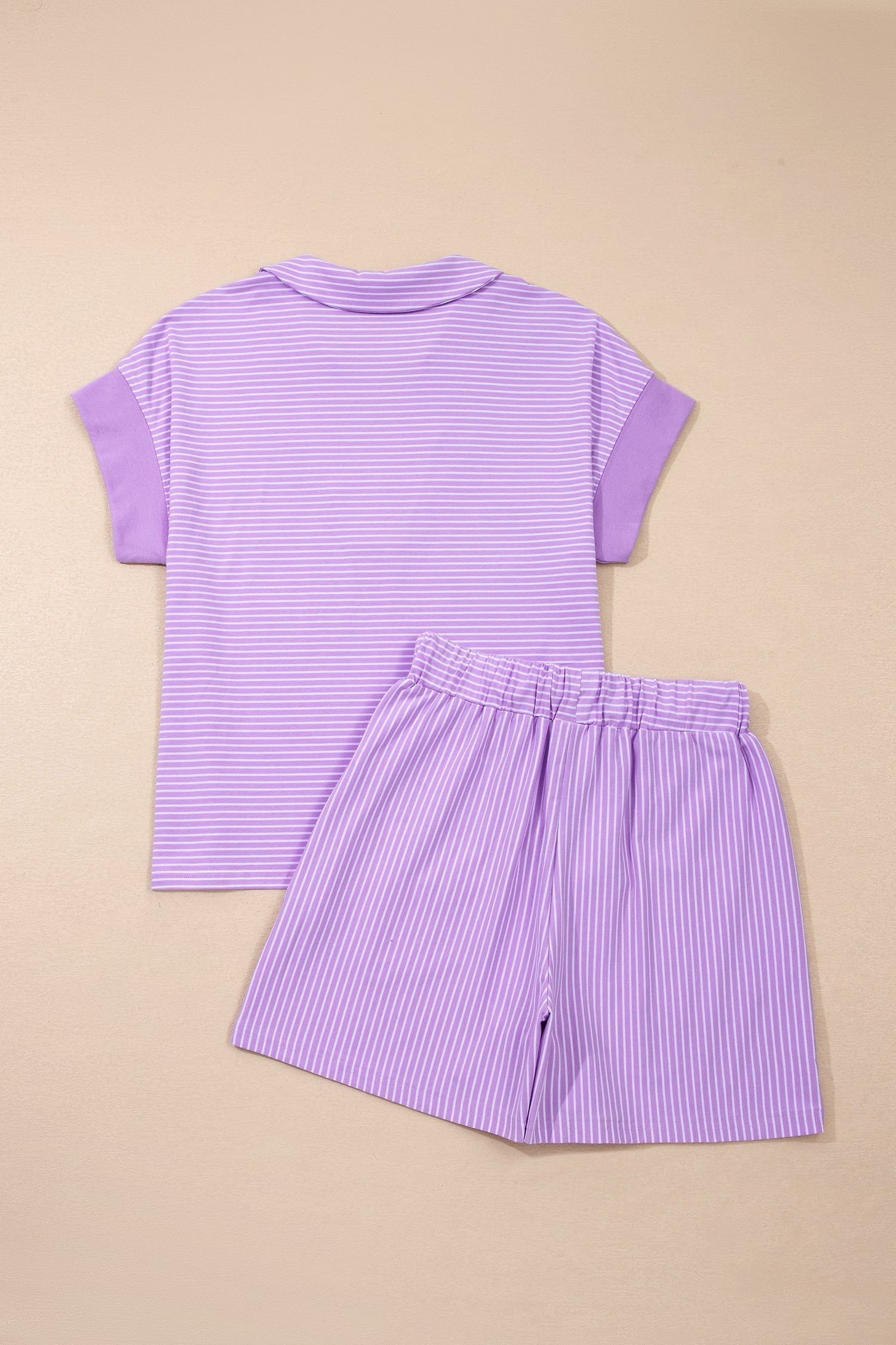 Purple Stripe Dolman Sleeve Polo Shirt and Drawstring Shorts Set