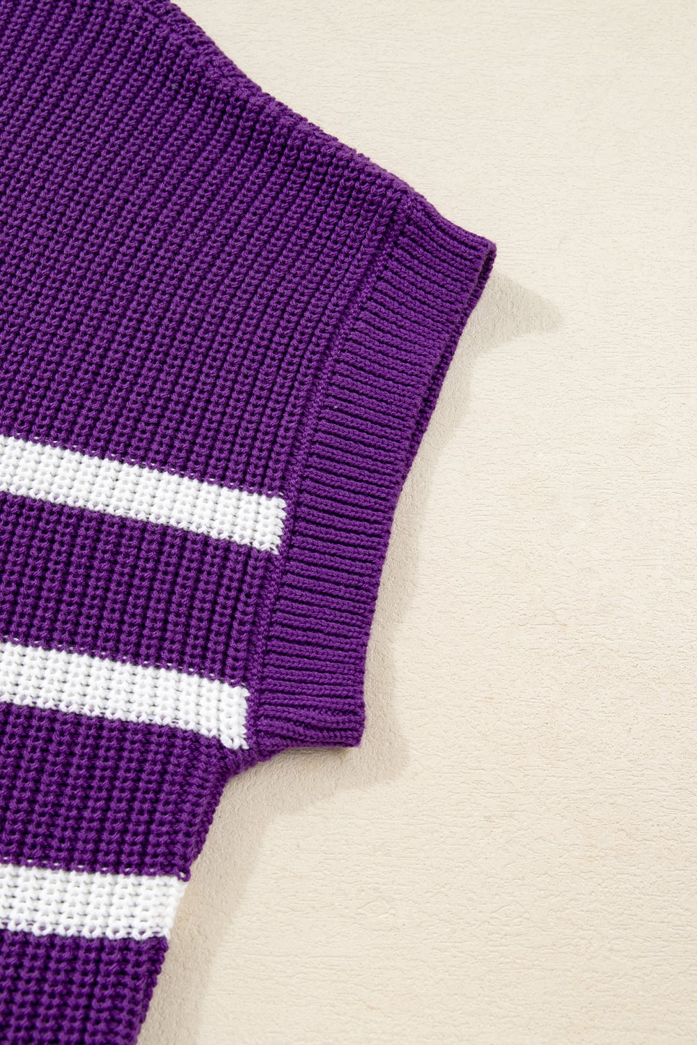 Purple Stripe Raw Edge Patched Pocket Short Sleeve Knit Sweater