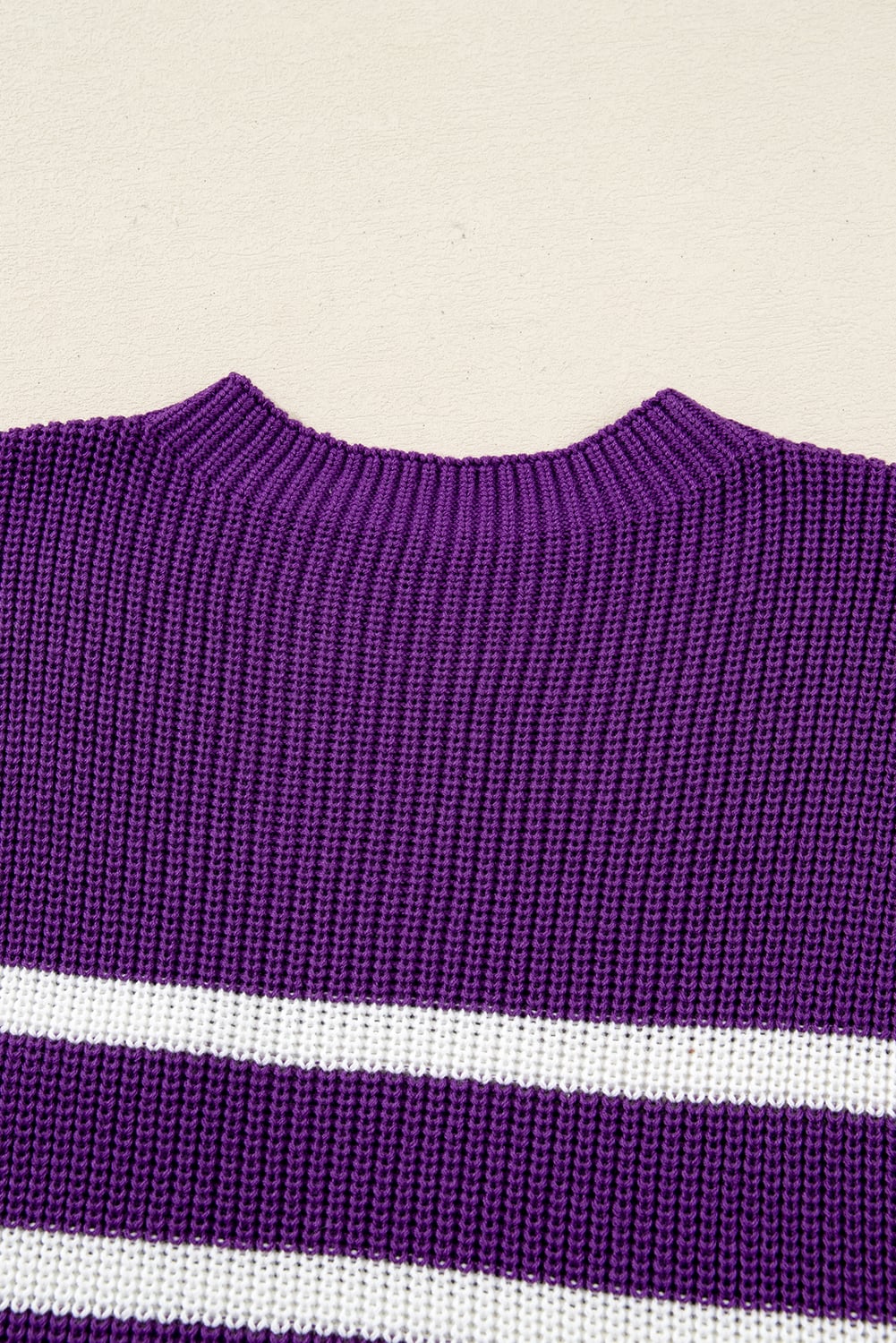 Purple Stripe Raw Edge Patched Pocket Short Sleeve Knit Sweater