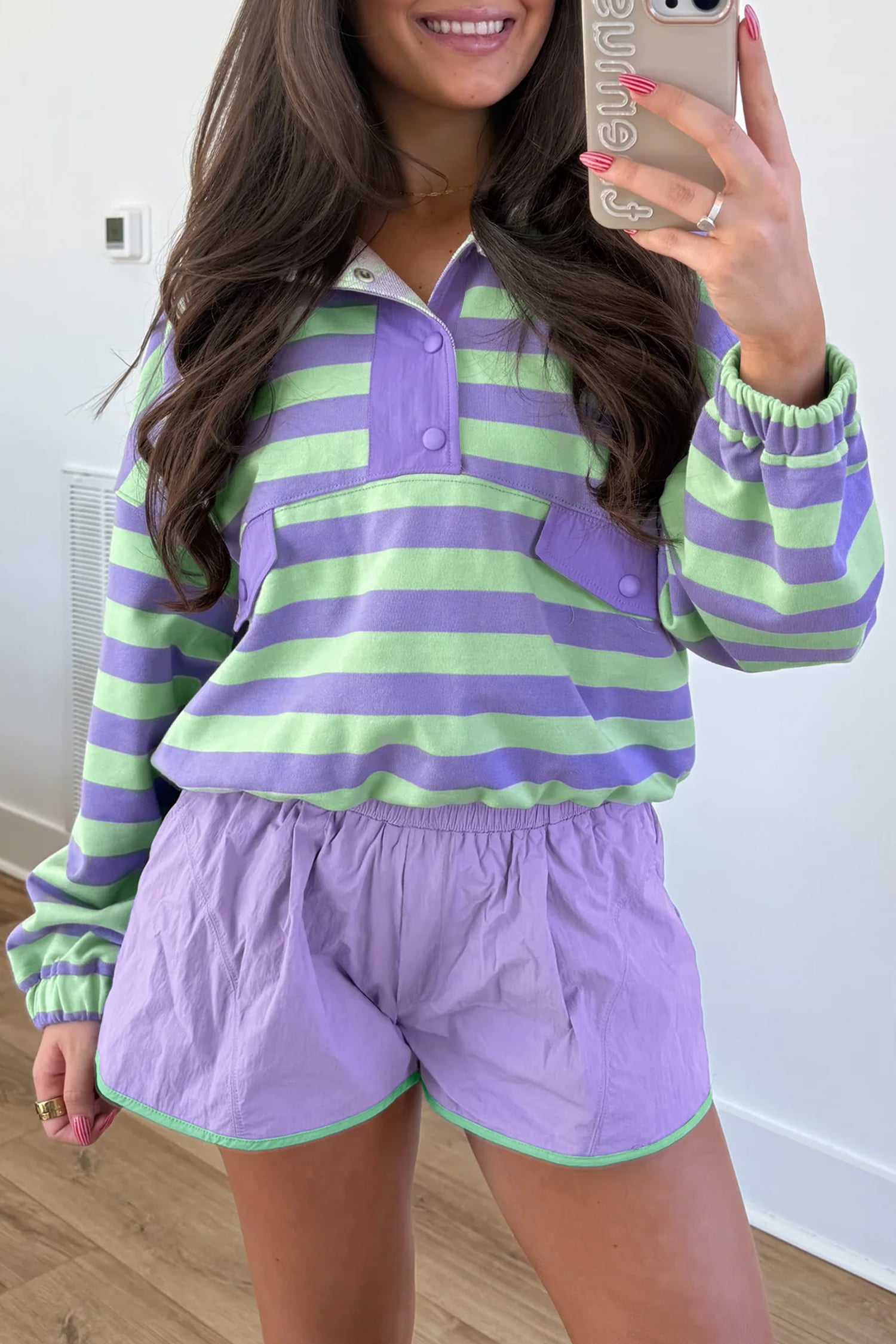 Purple Stripe Half Button Long Sleeve Top Mix and Match Shorts 2pcs Set