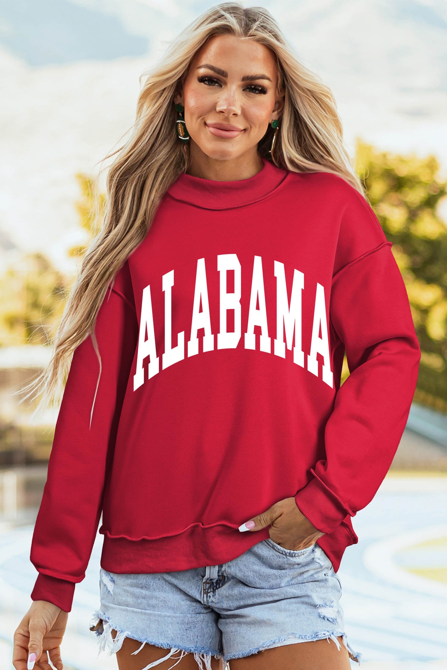 Racing Red ALABAMA/ AL Double Side Printed High Neck Reversible Baggy Sweatshirt