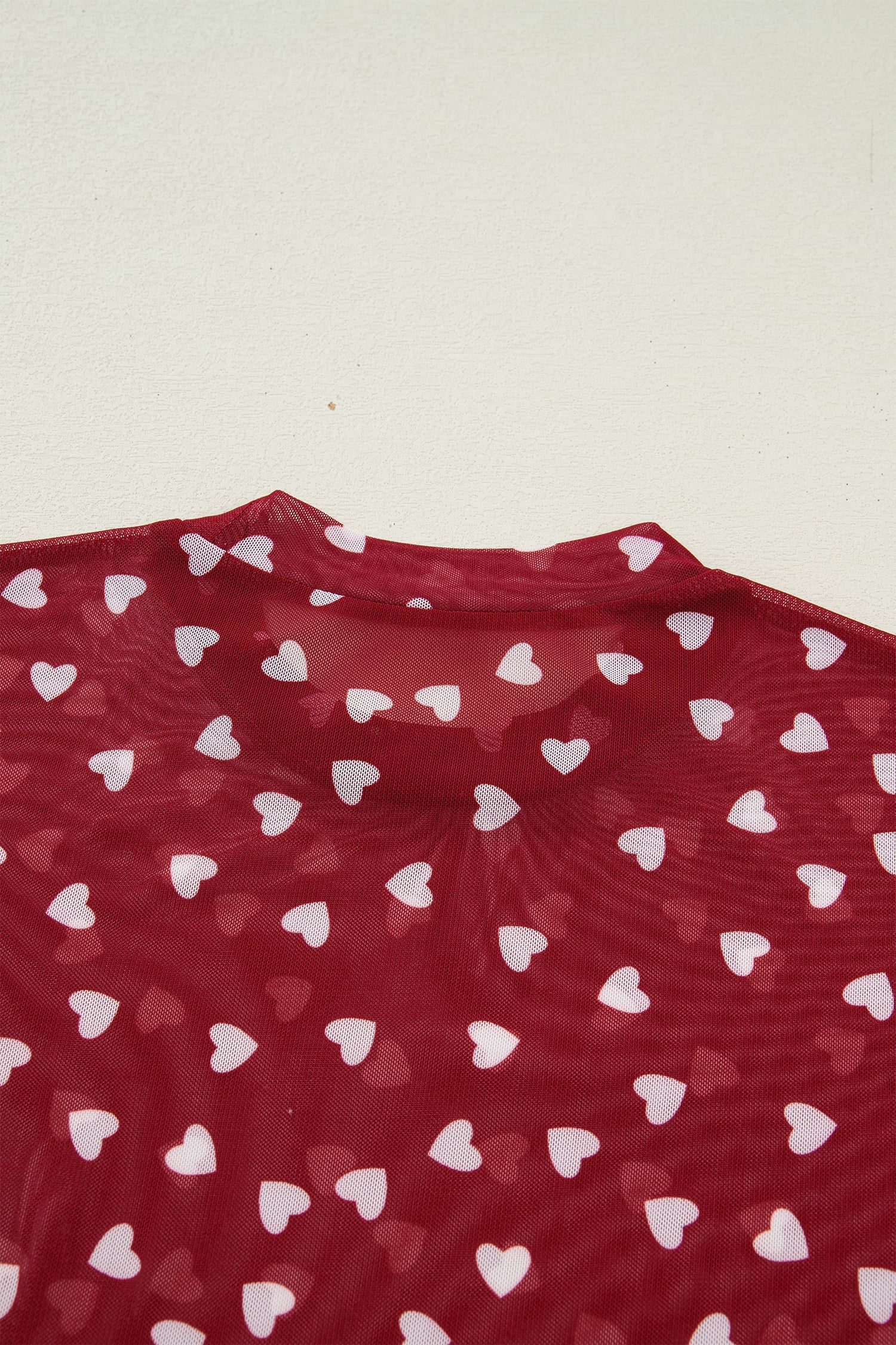 Racing Red Allover Heart Print Mesh Short Sleeve Top
