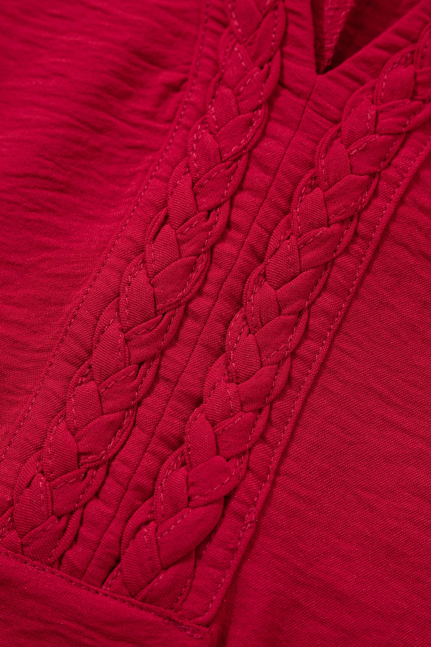 Racing Red Braided Trim V Neck Half Sleeve Blouse