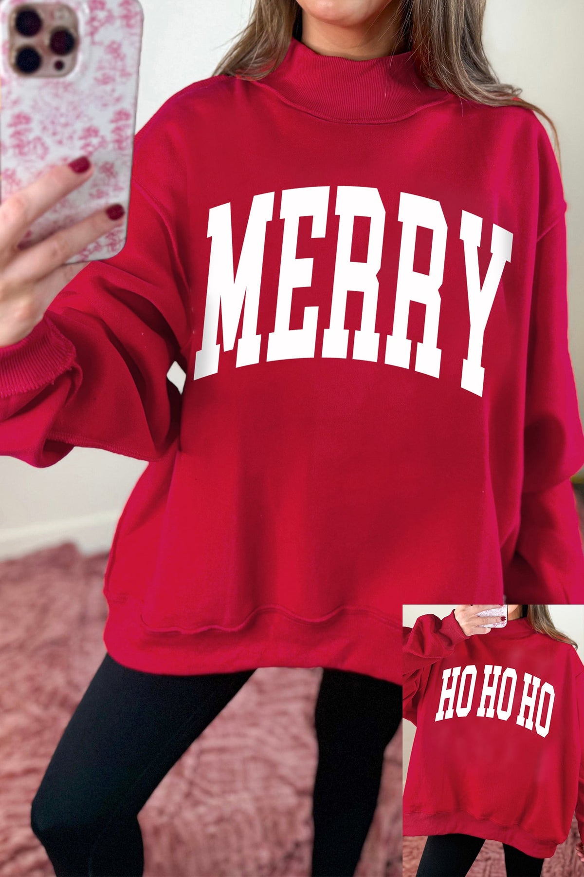 Racing Red Christmas Slogan MERRY High Neck Tunic Holiday Sweatshirt