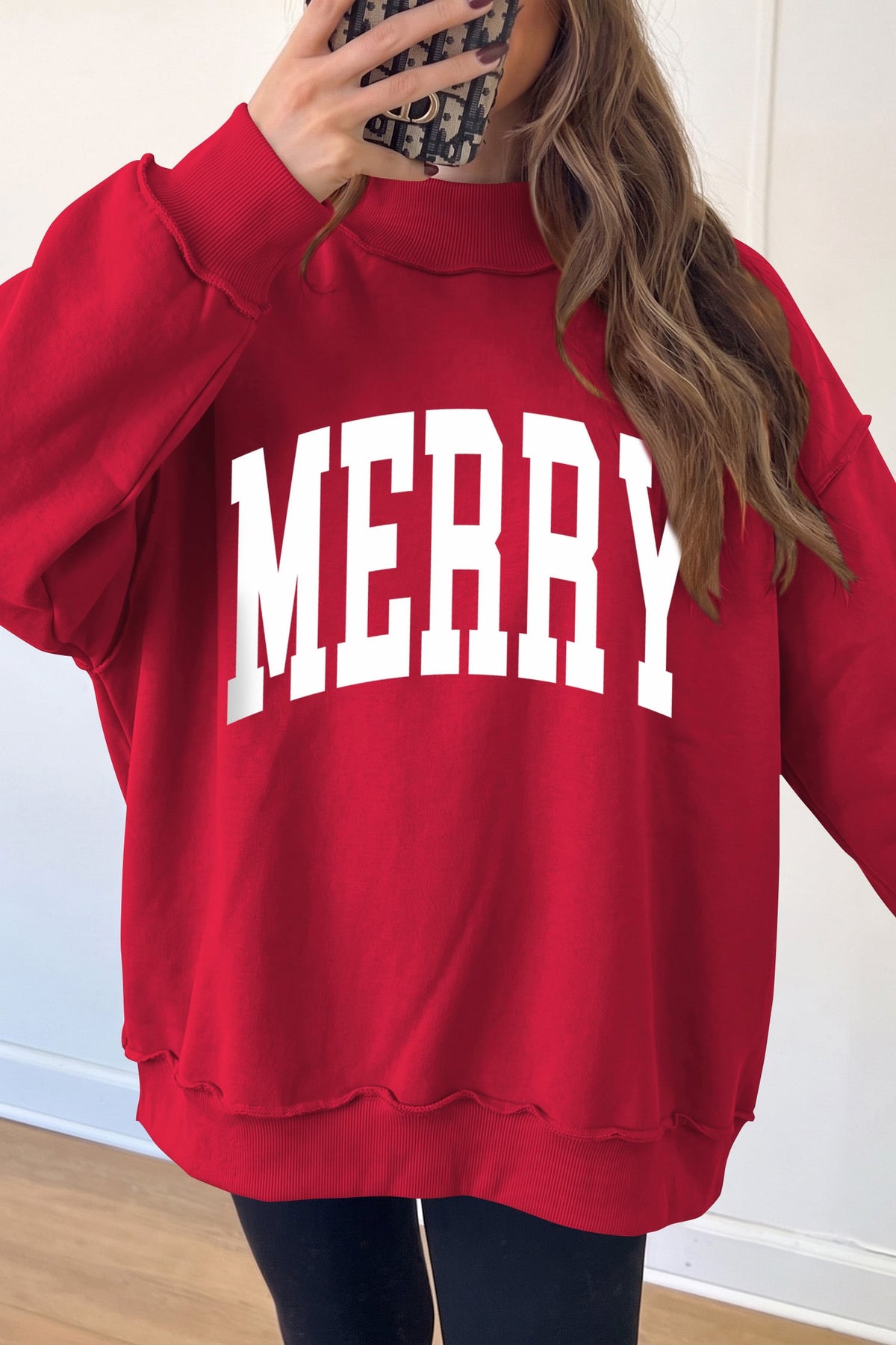 Racing Red Christmas Slogan MERRY High Neck Tunic Holiday Sweatshirt