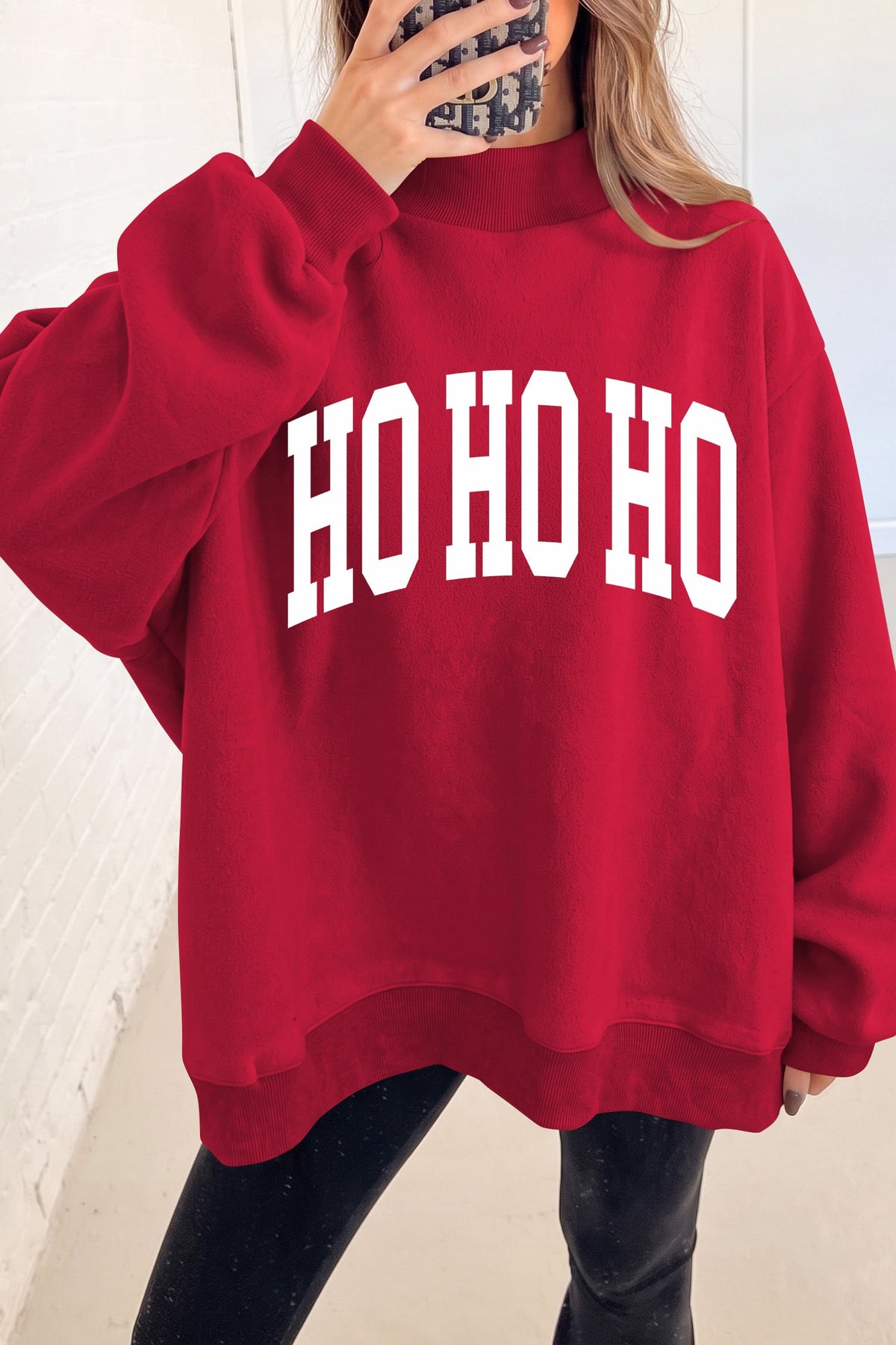 Racing Red Christmas Slogan MERRY High Neck Tunic Holiday Sweatshirt