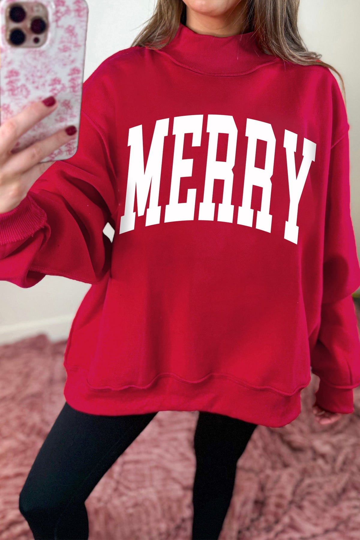 Racing Red Christmas Slogan MERRY High Neck Tunic Holiday Sweatshirt