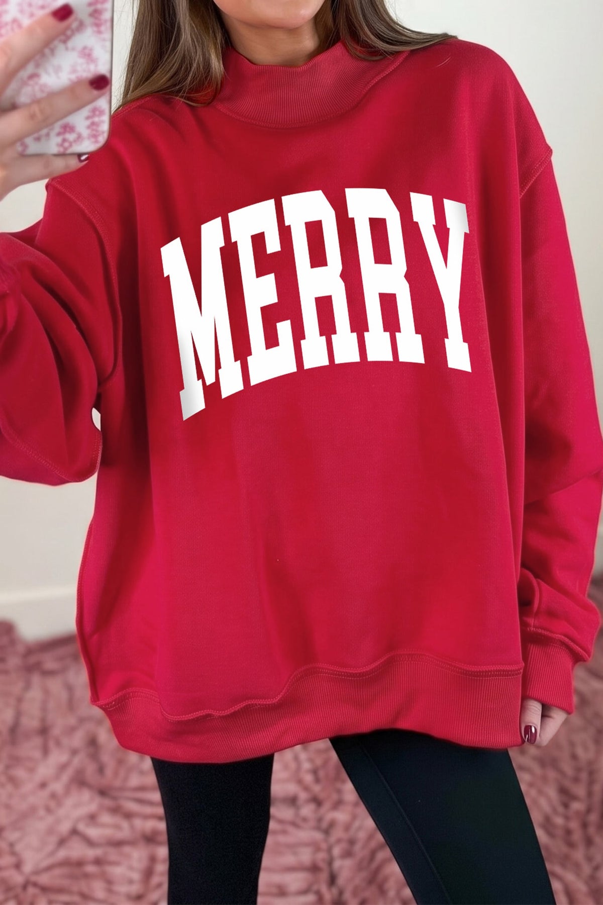 Racing Red Christmas Slogan MERRY High Neck Tunic Holiday Sweatshirt