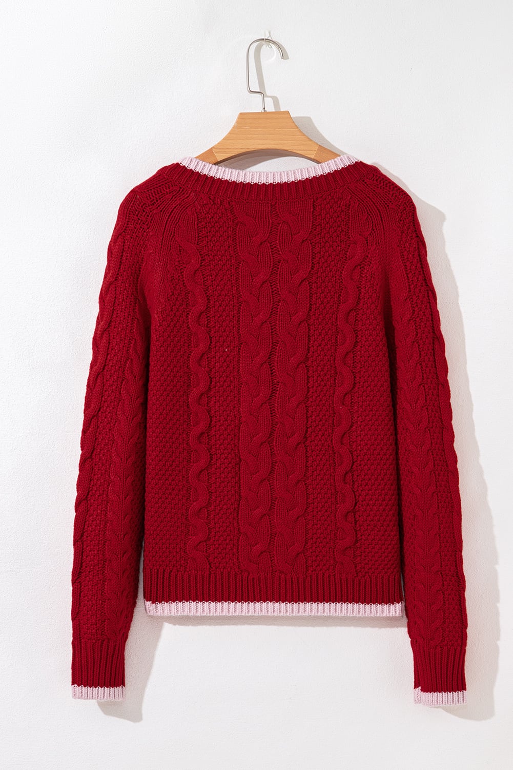 Racing Red Color Contrast Edge Cable Knit Buttoned Cardigan