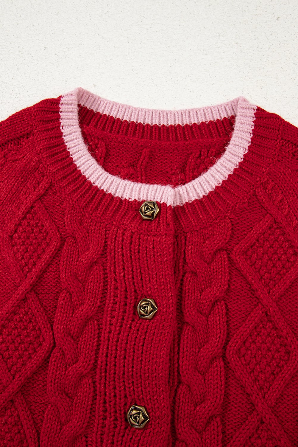 Racing Red Color Contrast Edge Cable Knit Buttoned Cardigan