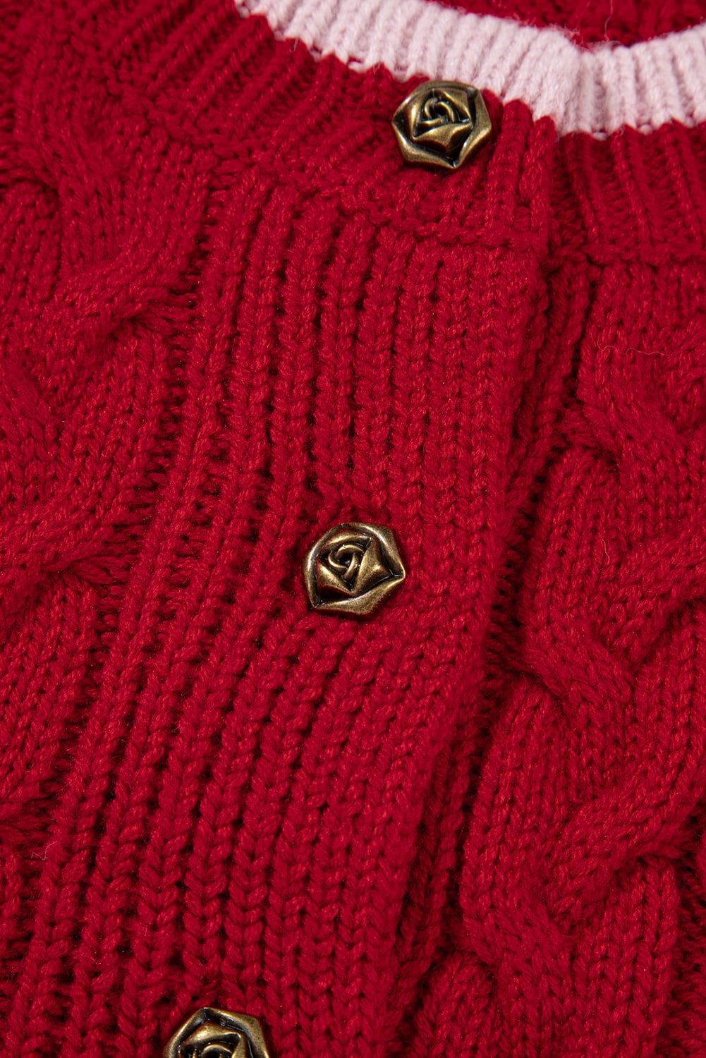 Racing Red Color Contrast Edge Cable Knit Buttoned Cardigan
