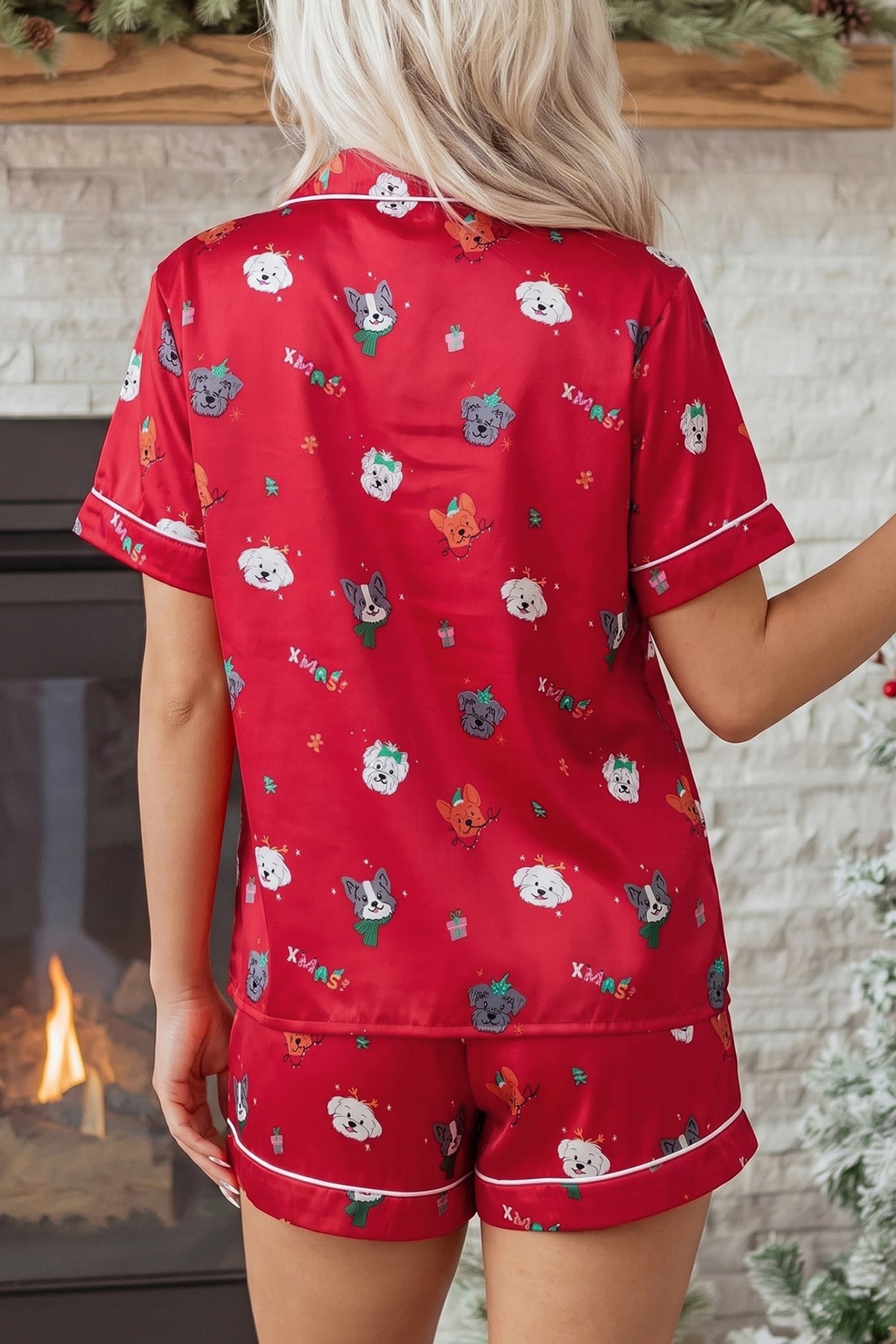 Racing Red Festive Dog Print Short Sleeve Two Piece Lounge Set