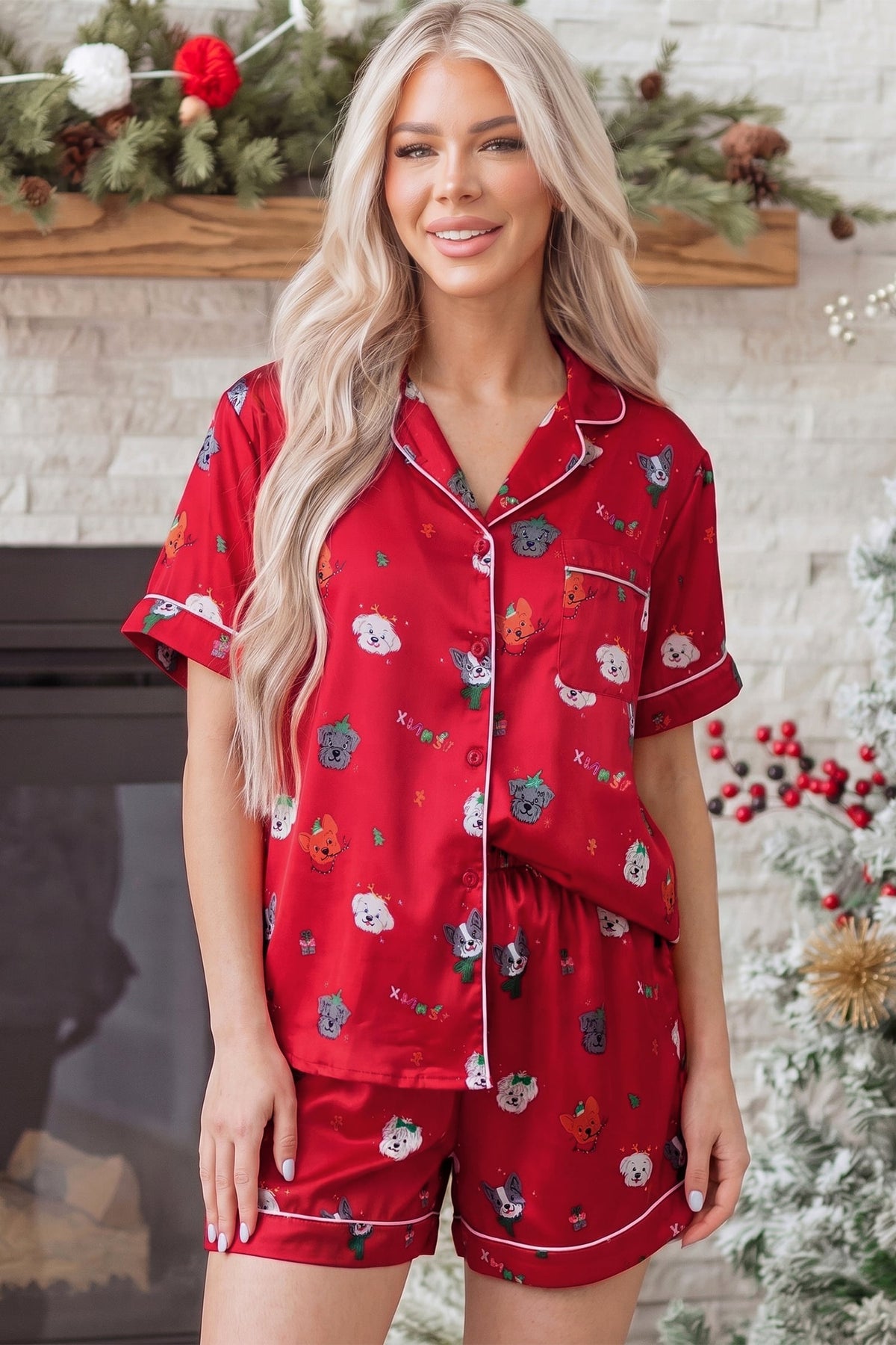 Racing Red Festive Dog Print Short Sleeve Two Piece Lounge Set