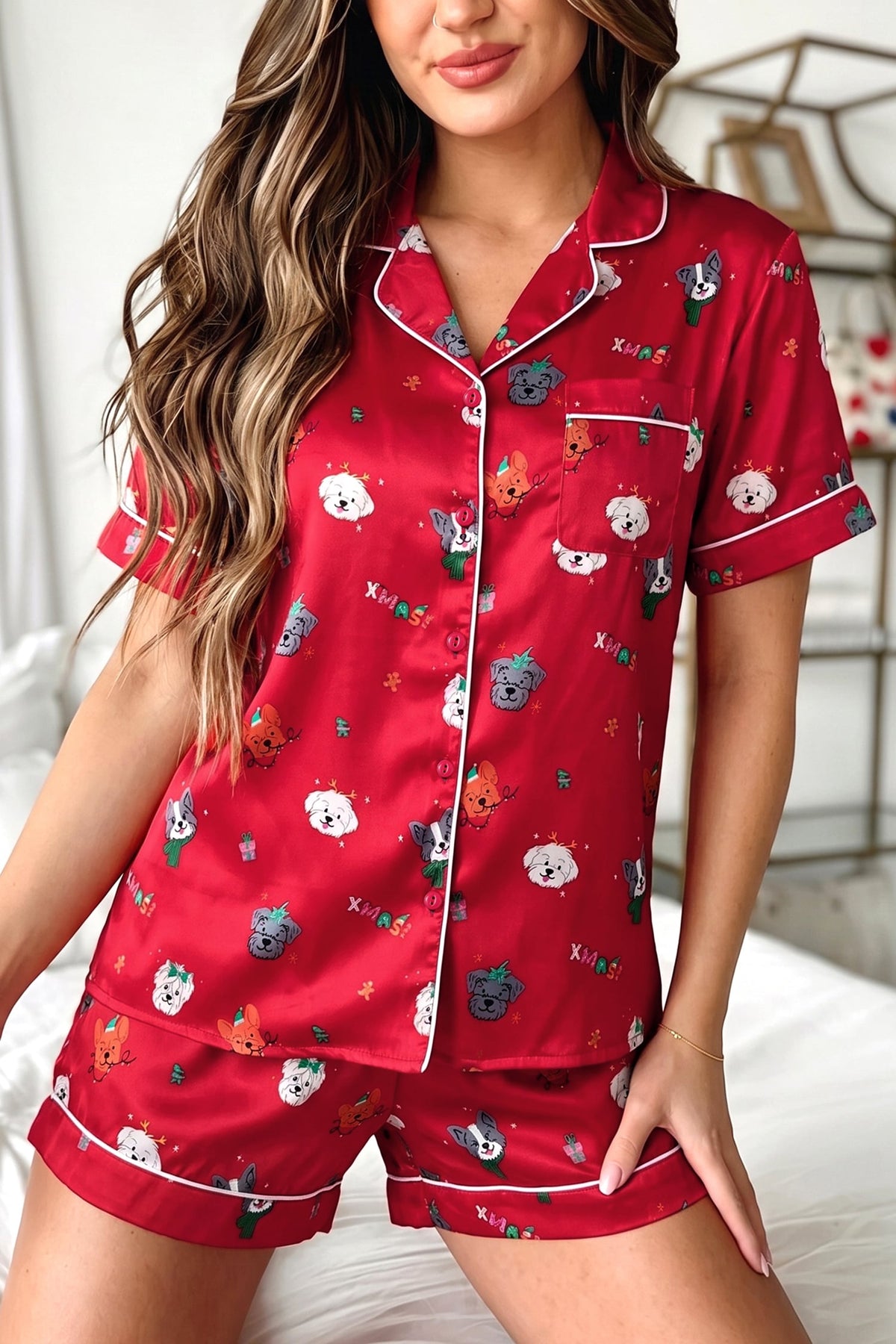 Racing Red Festive Dog Print Short Sleeve Two Piece Lounge Set