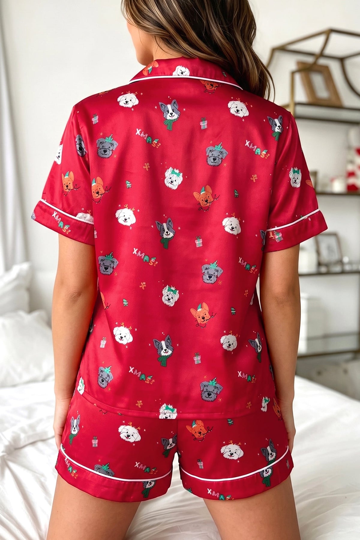 Racing Red Festive Dog Print Short Sleeve Two Piece Lounge Set