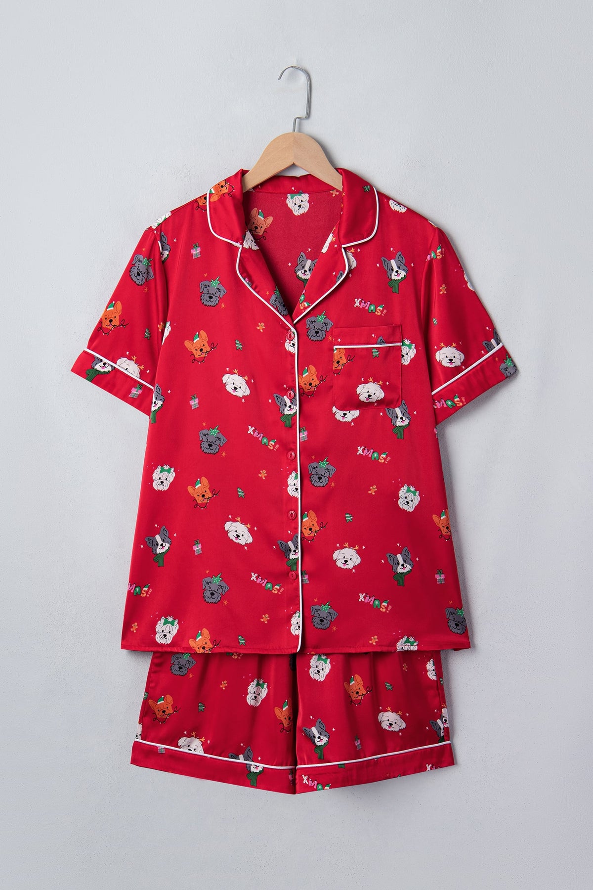 Racing Red Festive Dog Print Short Sleeve Two Piece Lounge Set