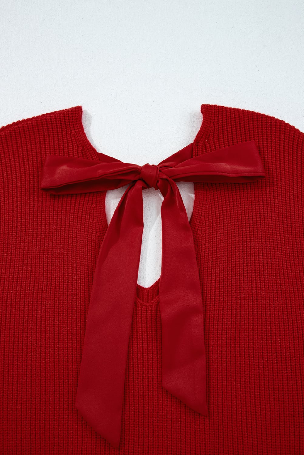 Racing Red Lantern Sleeve V Neck Knot Back Sweater