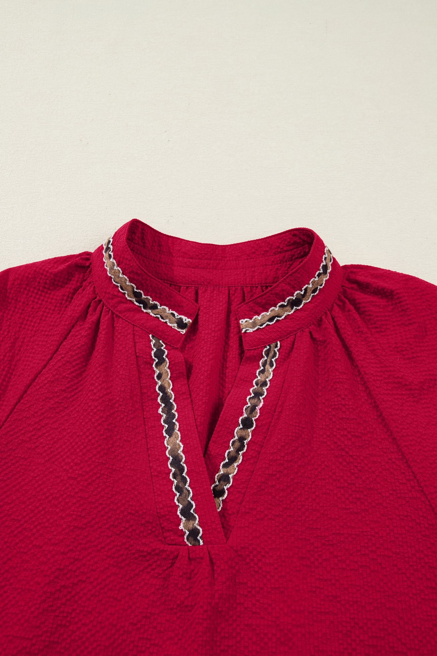 Racing Red Leopard Jacquard Print V Neck Textured Blouse