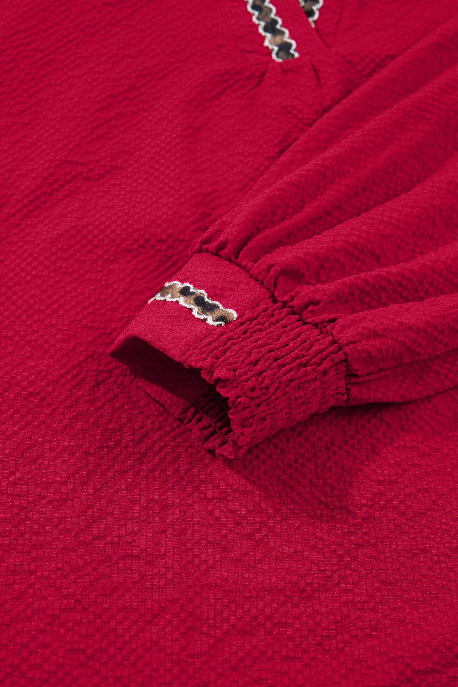 Racing Red Leopard Jacquard Print V Neck Textured Blouse