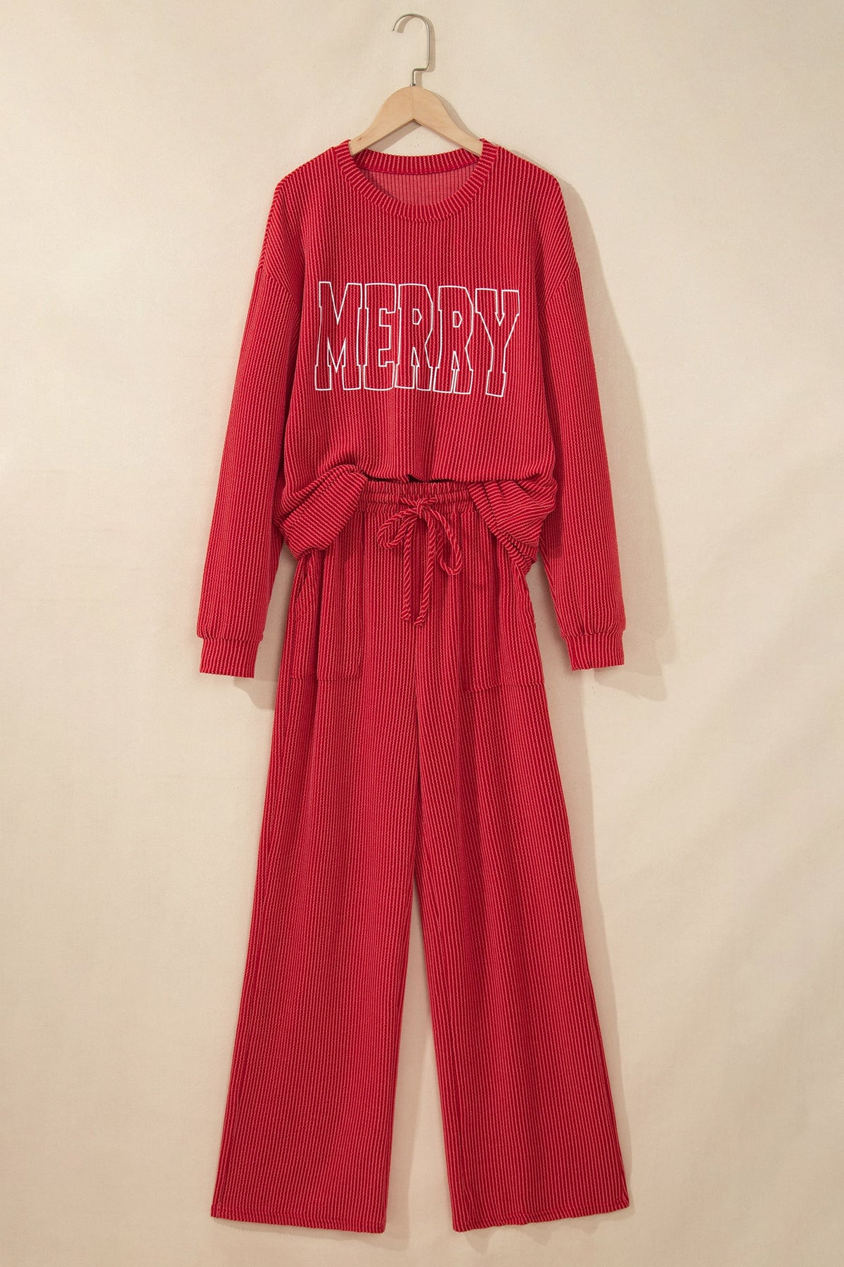 Racing Red MERRY Corded Long Sleeve Top and Pockets Pants Set