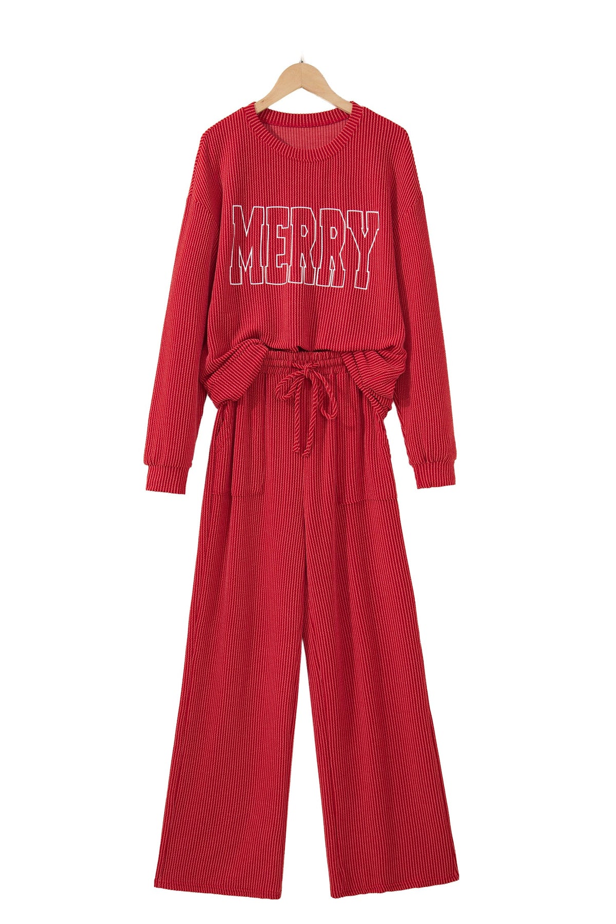 Racing Red MERRY Corded Long Sleeve Top and Pockets Pants Set