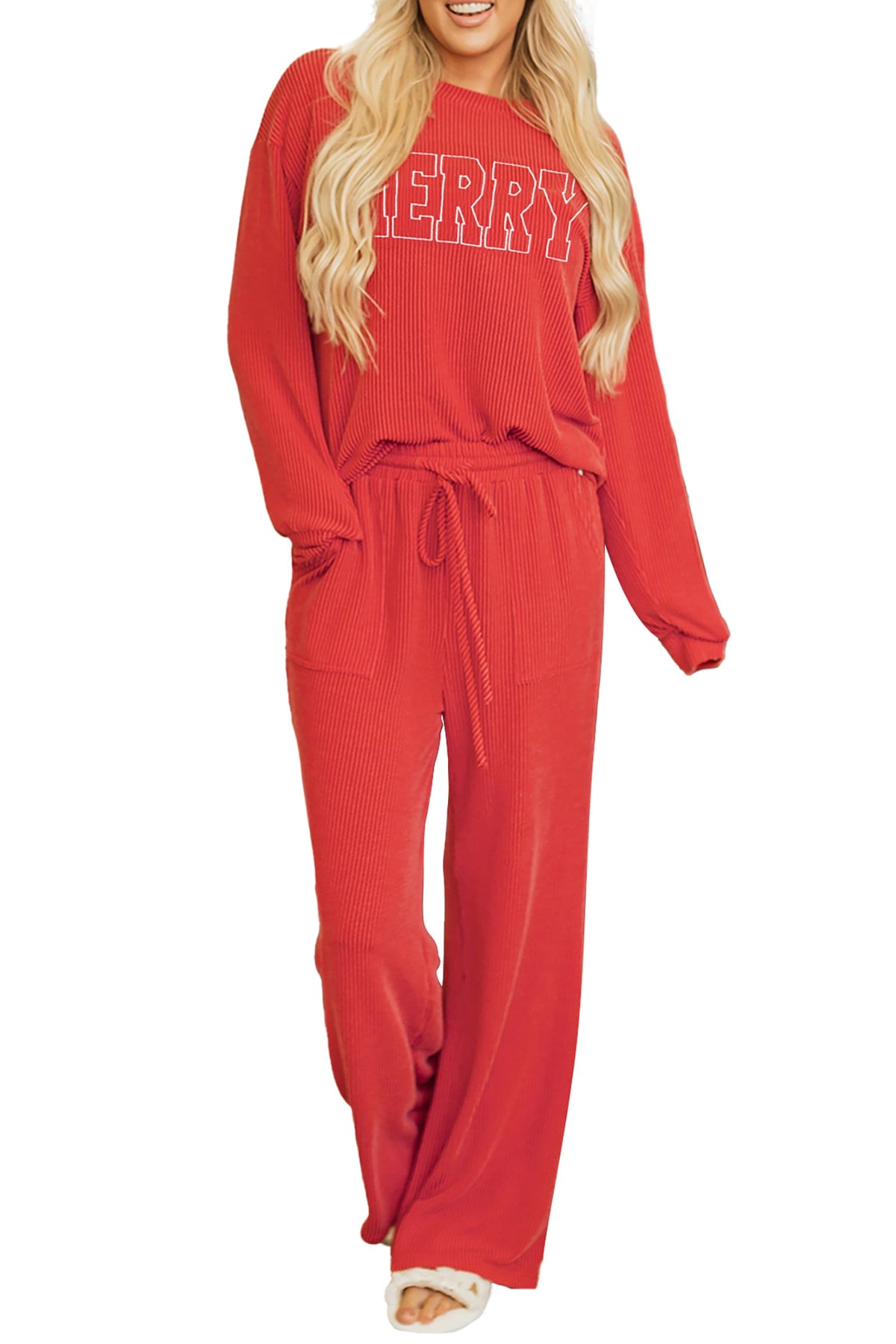Racing Red MERRY Corded Long Sleeve Top and Pockets Pants Set